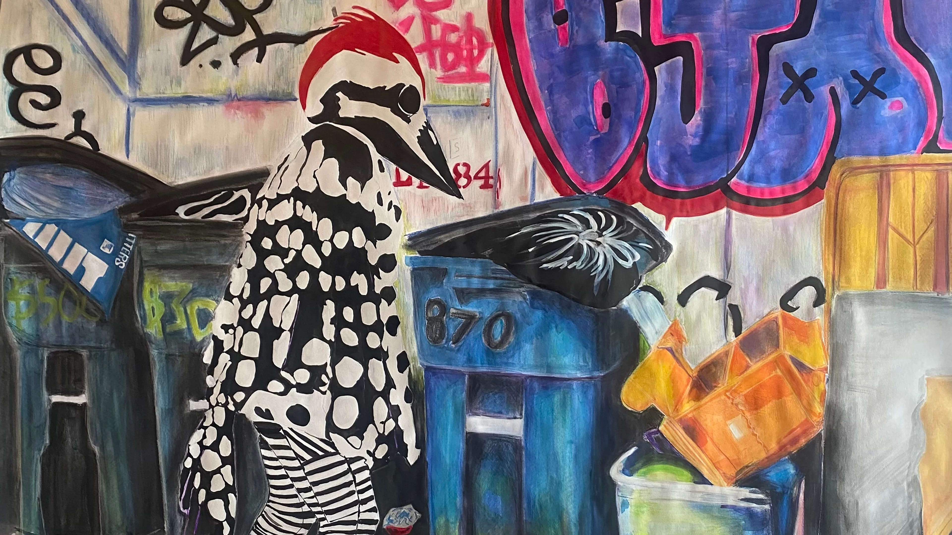 A painted street scene of a bird-headed figure in graphic polka-dot and striped clothing, rummaging through urban trash bins adorned with graffiti.