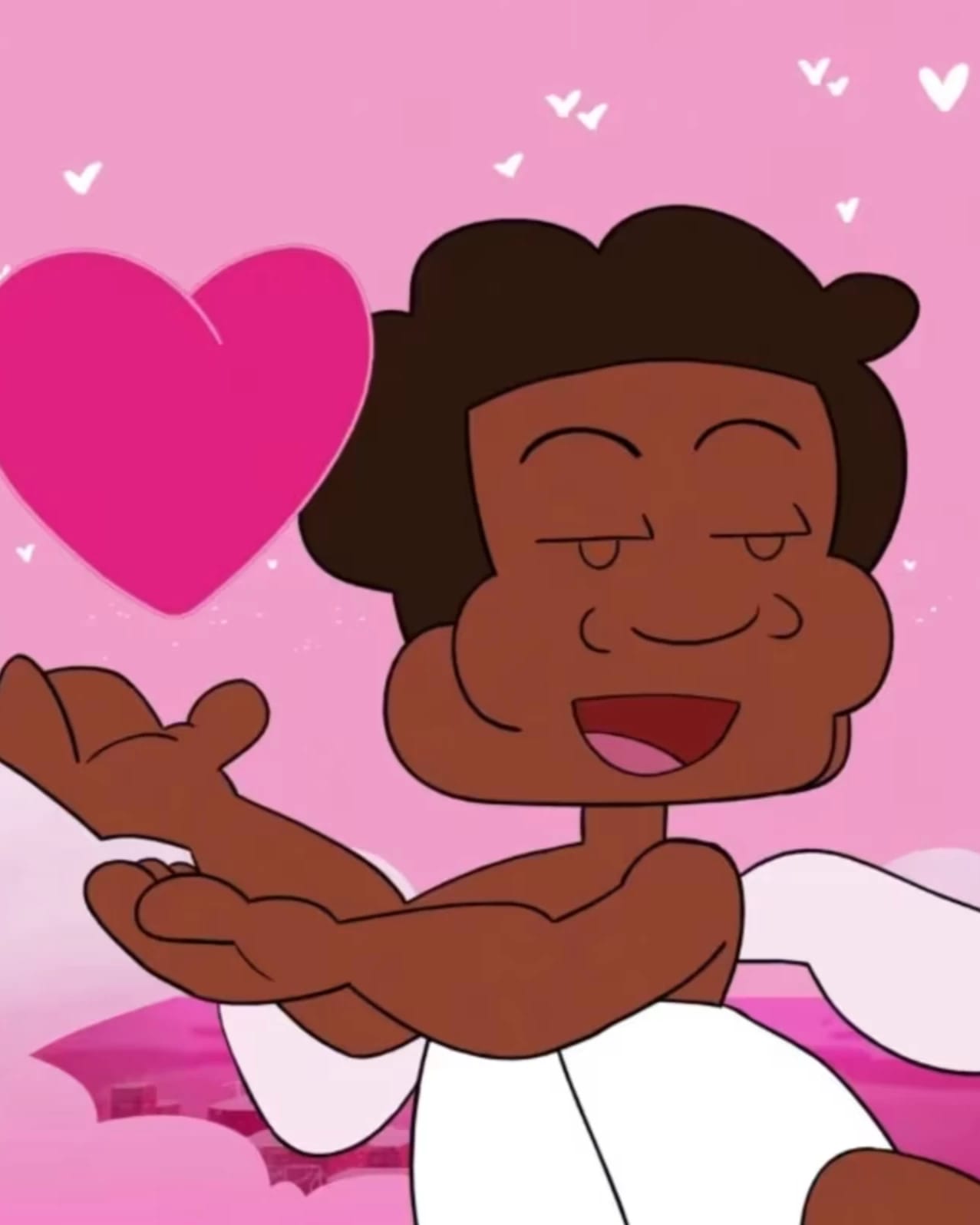 Animation still depicting a cupid holding a cartoon heart floating over his hand. The scene is mostly pink tones. 