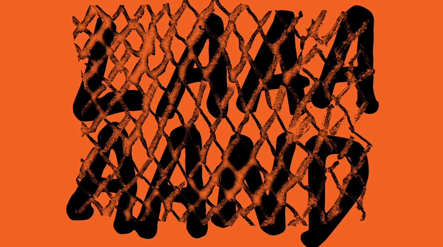 the word "laaaaaand" in black text on an orange background with a chainlink fence overlaid