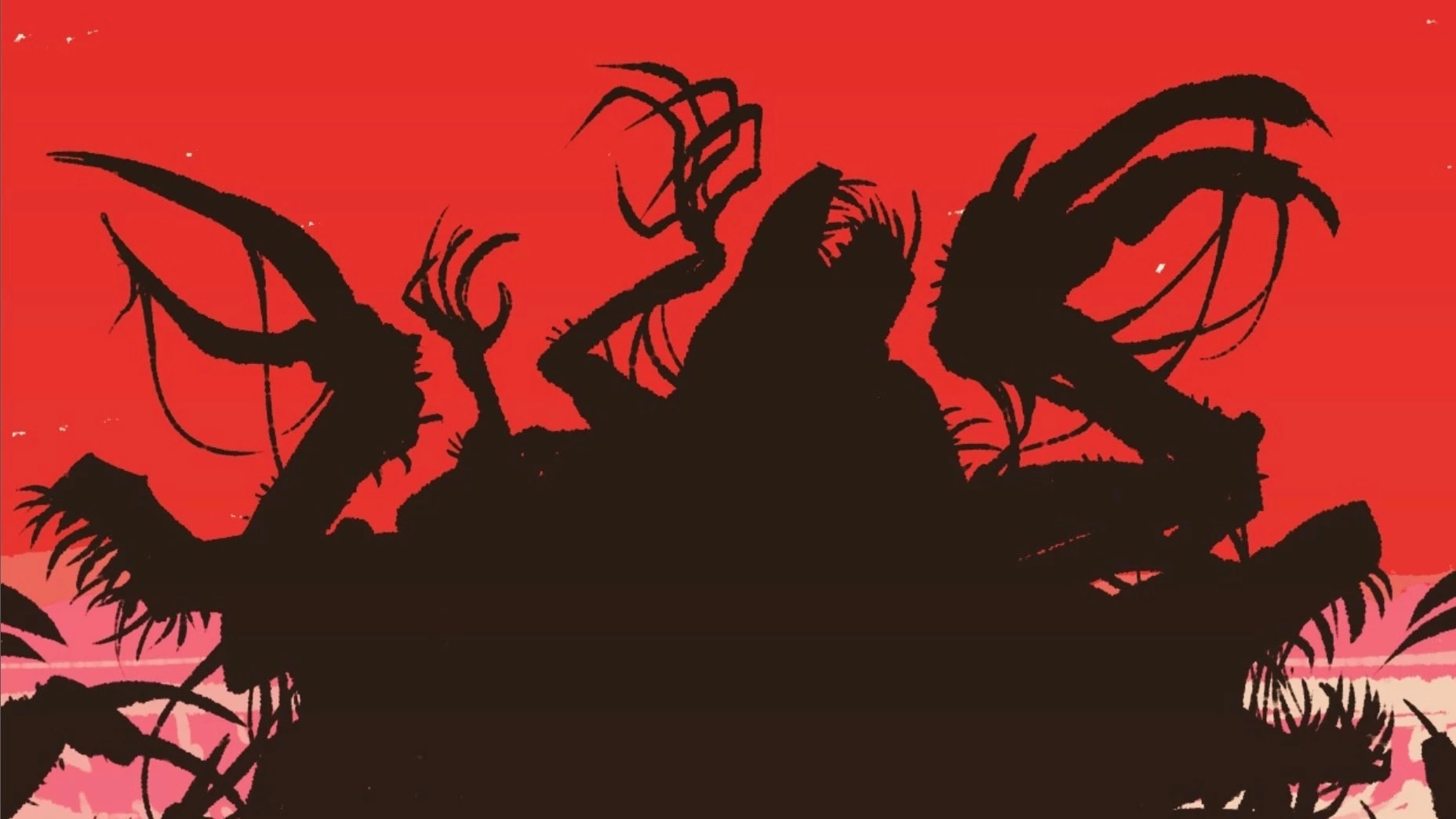 A black and red illustration of the silhouette of a monster.