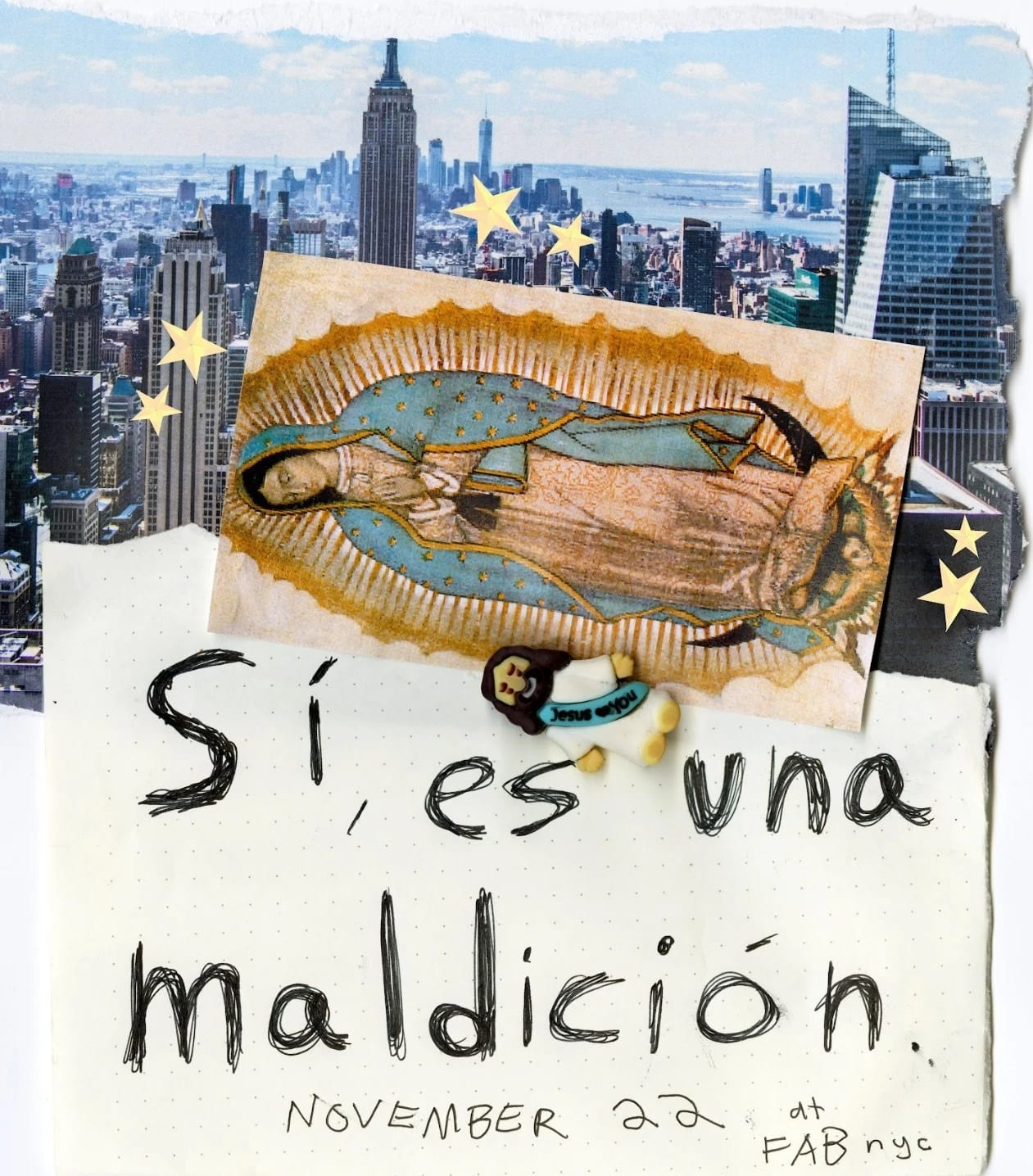 Poster for the play which shows the New York skyline with an inversted postcard of a virgin over it.