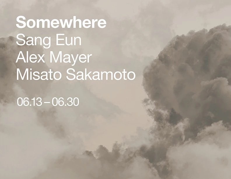Poster for Somewhere exhibition featuring the name of the three artists over grey cloud pattern.