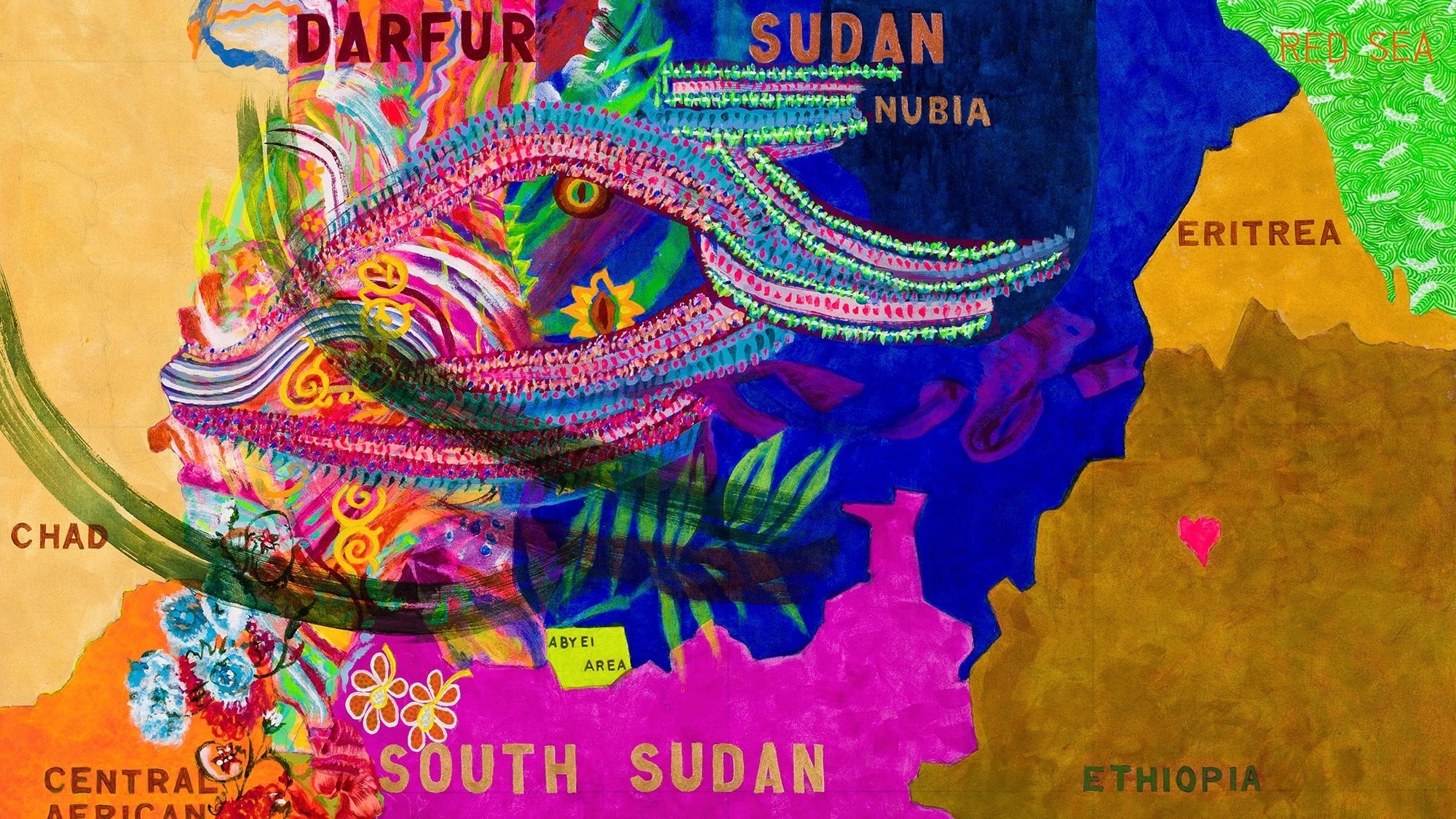 A painting by Joyce Kozloff depicting a map of a selection of countries in Africa.