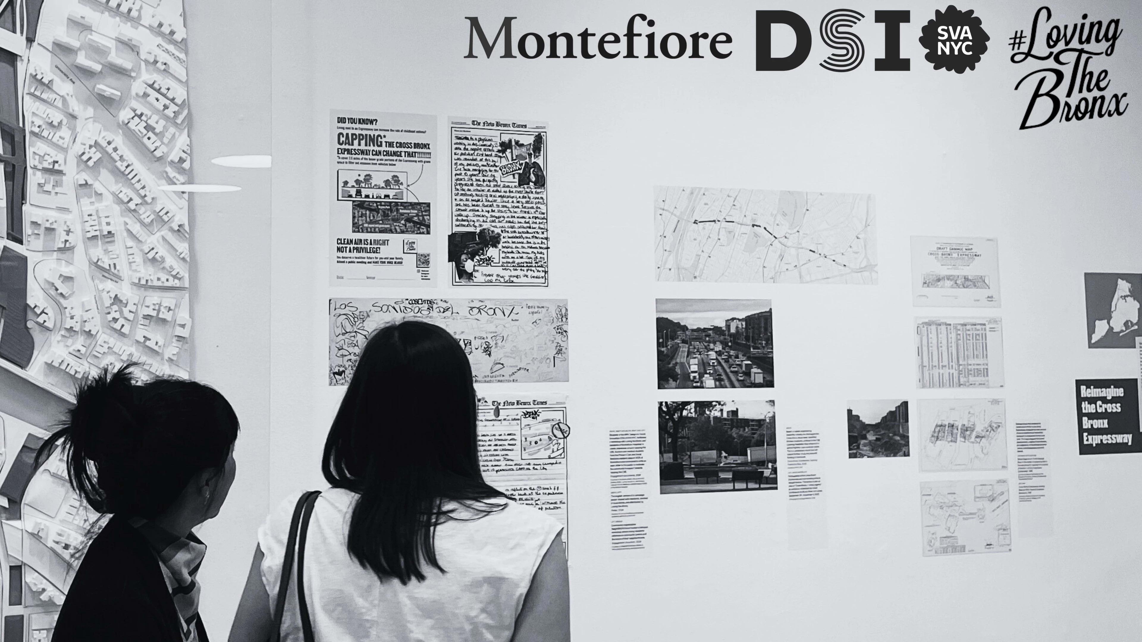 Black and white photo in art gallery with multiple pieces of work on wall and 2 silhouettes on the left side looking at the work. Logos of Montefiore, SVA DSI, #Loving the Bronx, in top right