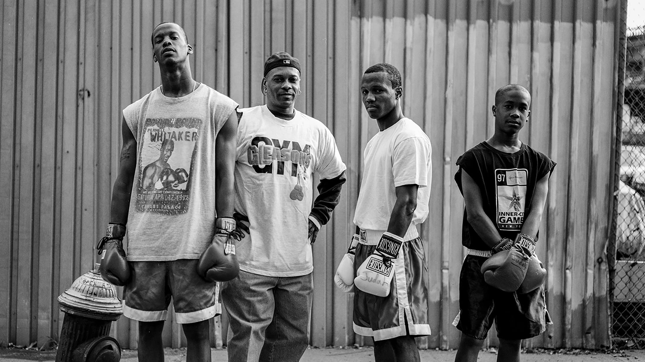 Black and white picture of boxers on street