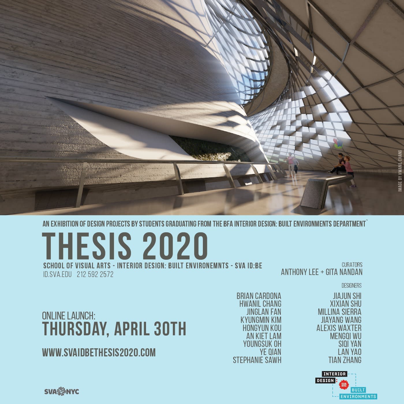 Promo image for the SVA BFA Interior Design thesis exhibition, featuring the event details, the names of students participating