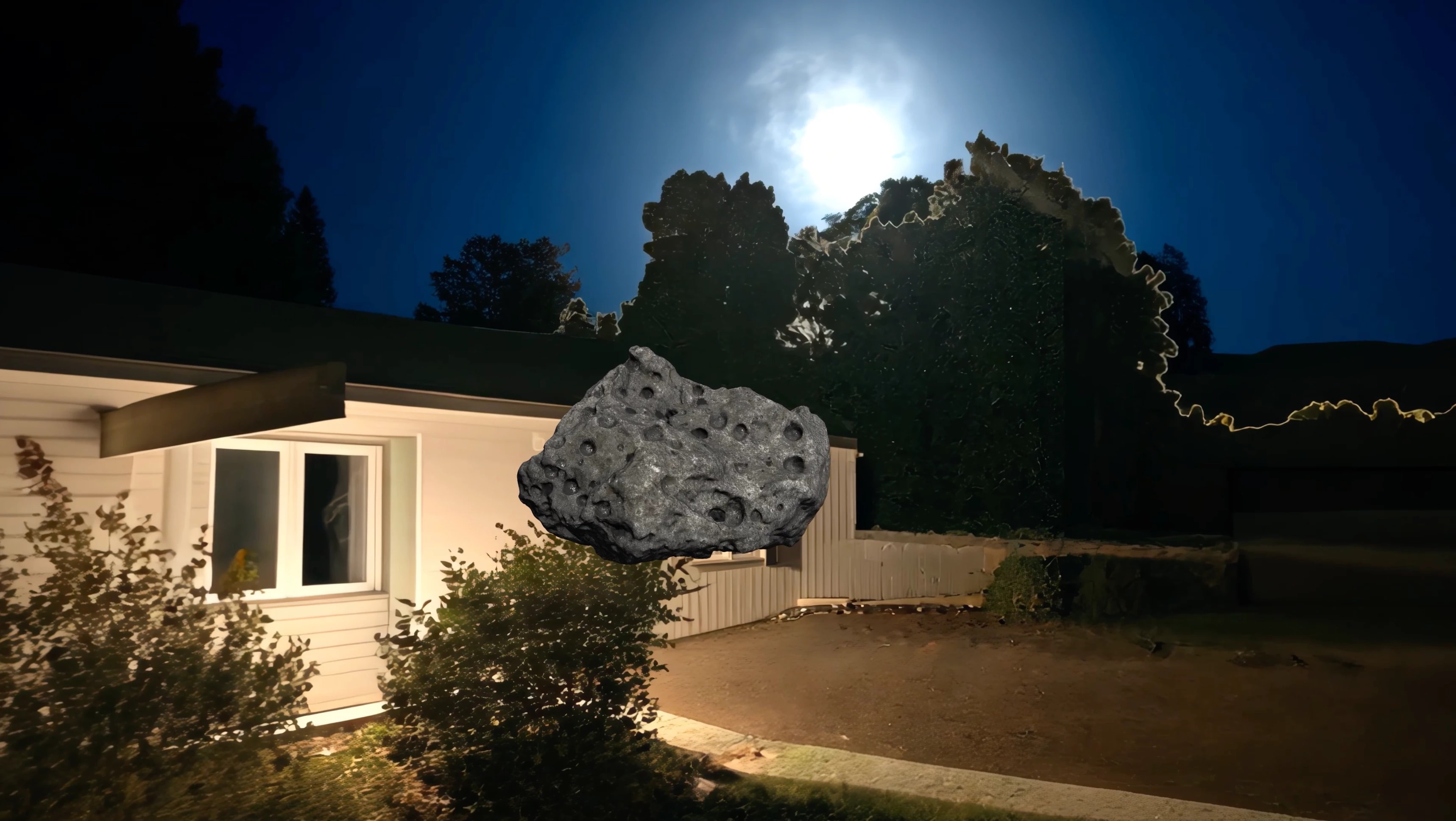 A nighttime scene with a house illuminated by exterior lights. The sky is dark blue with a glowing full moon shining above trees. In the foreground, a large gray rock with crater-like holes appears digitally inserted, floating in mid-air in front of the house.