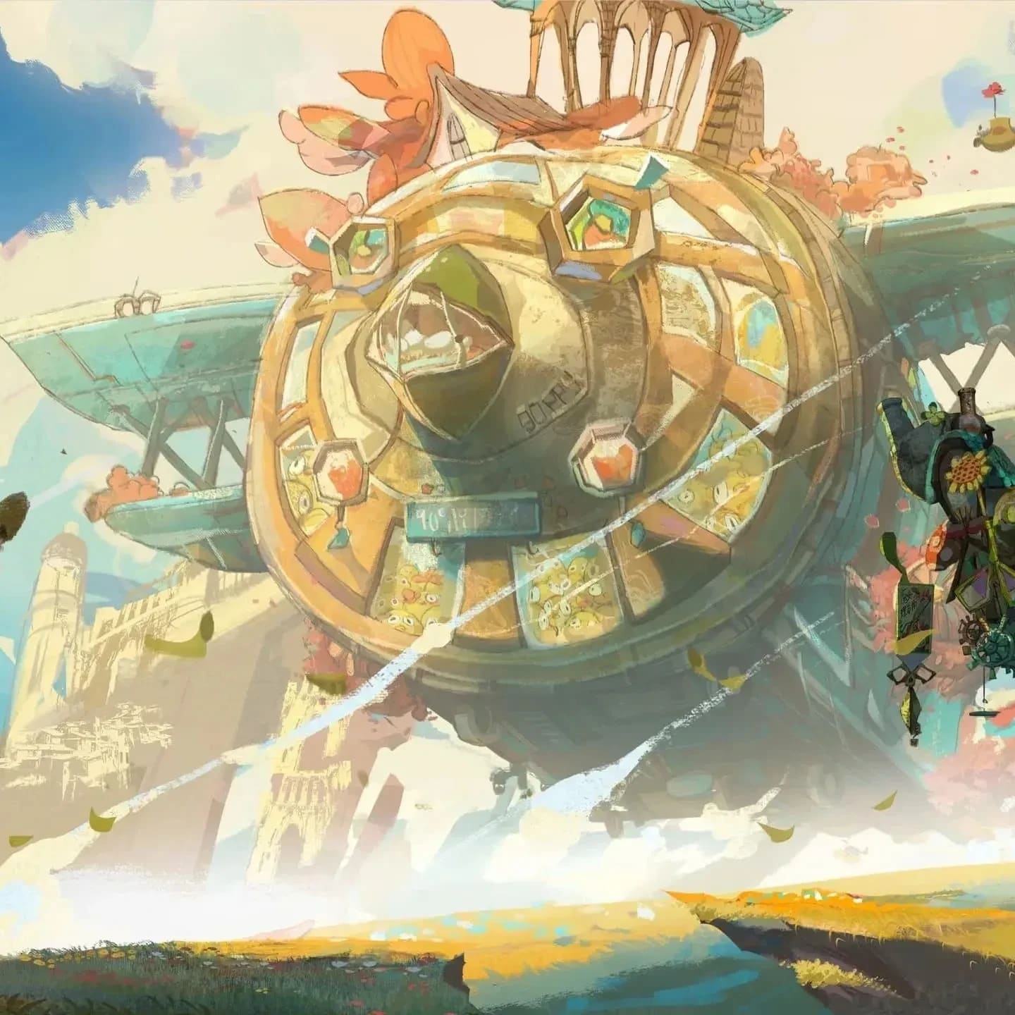 A large, whimsical flying machine shaped like a bear head soars through the sky, accompanied by floating animals with balloons and figures riding a smaller contraption in a colorful fantasy landscape.