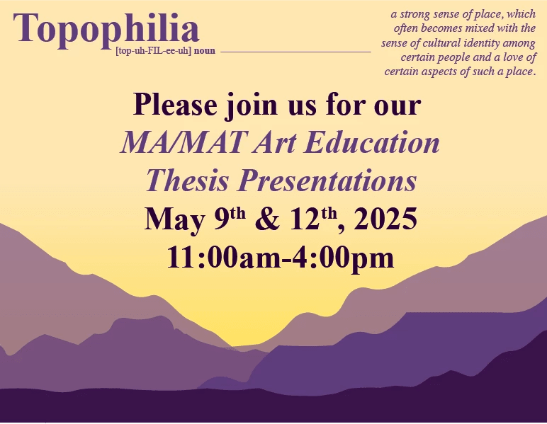 Purple canyons and a yellow background. The words Topophilia, the explanation and the details for the invite are included in the image. 