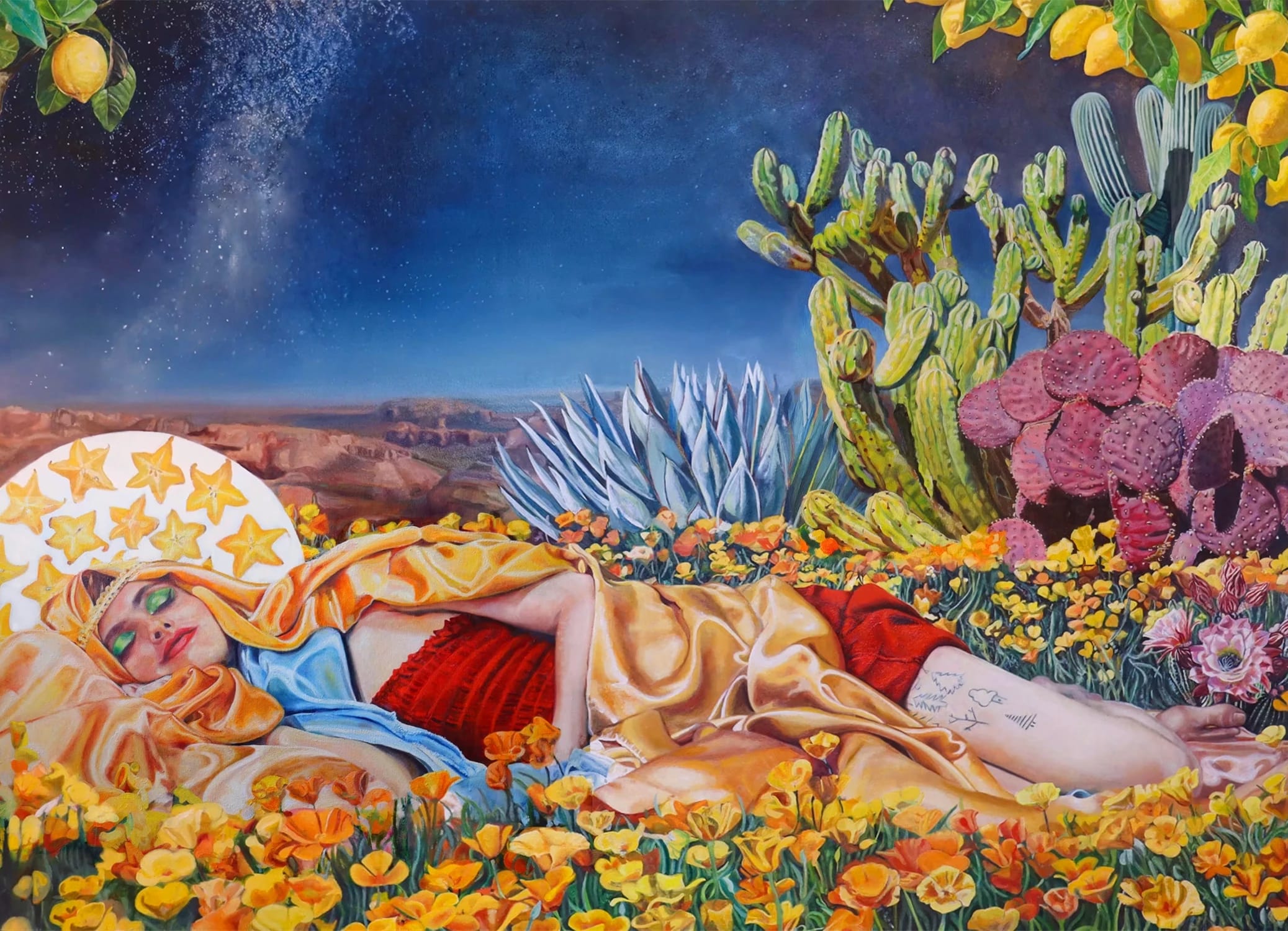 A woman with a yellow silk headdress, a red dress, green eyeshadow, and tattoos of trees lies in a field of flowers with cacti and a desert behind her. The night sky is starry and behind her is a circle adorned with what looks like cross sections of starfruits.
