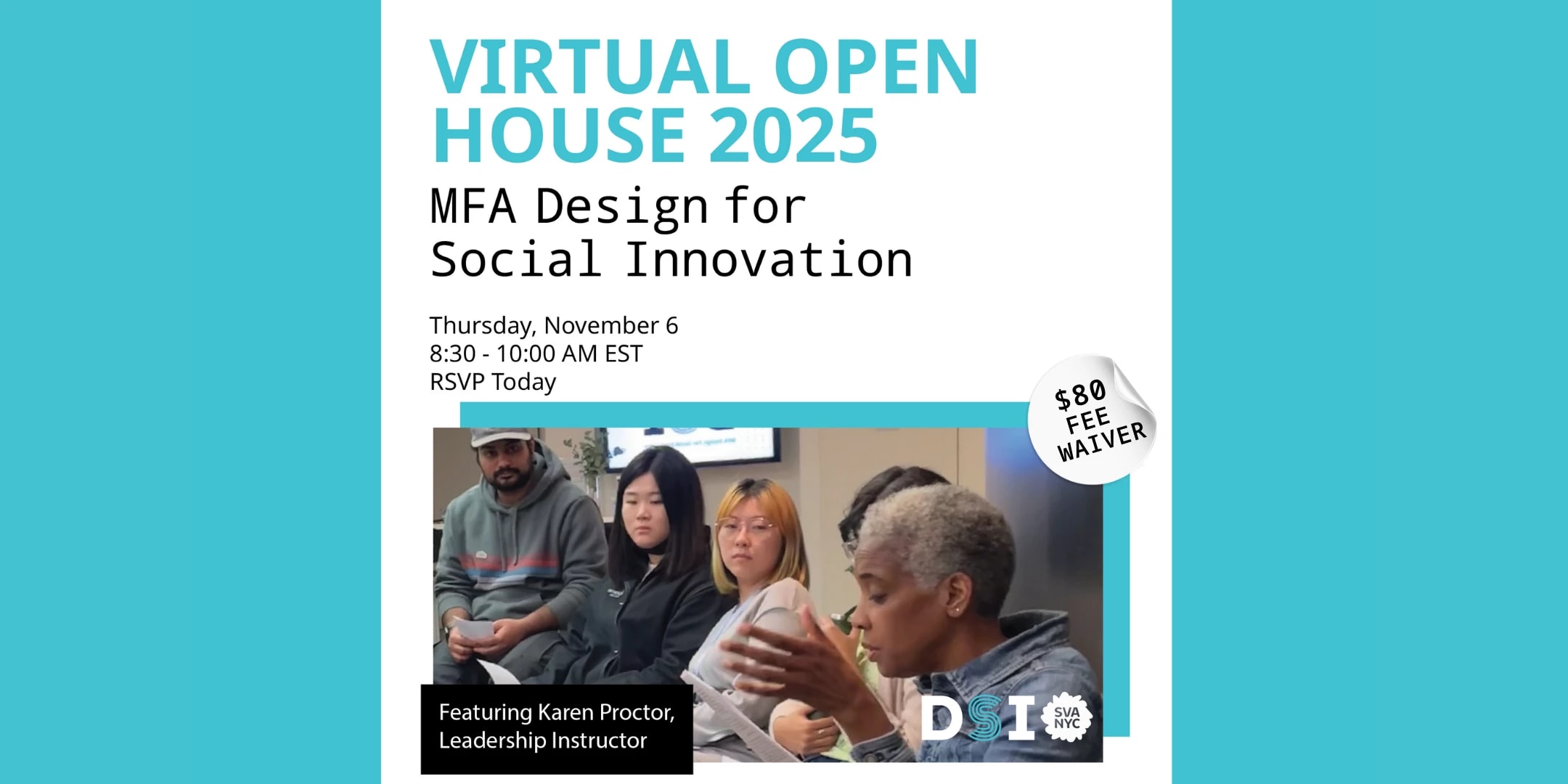 Teal background with image of person speaking and students listening.