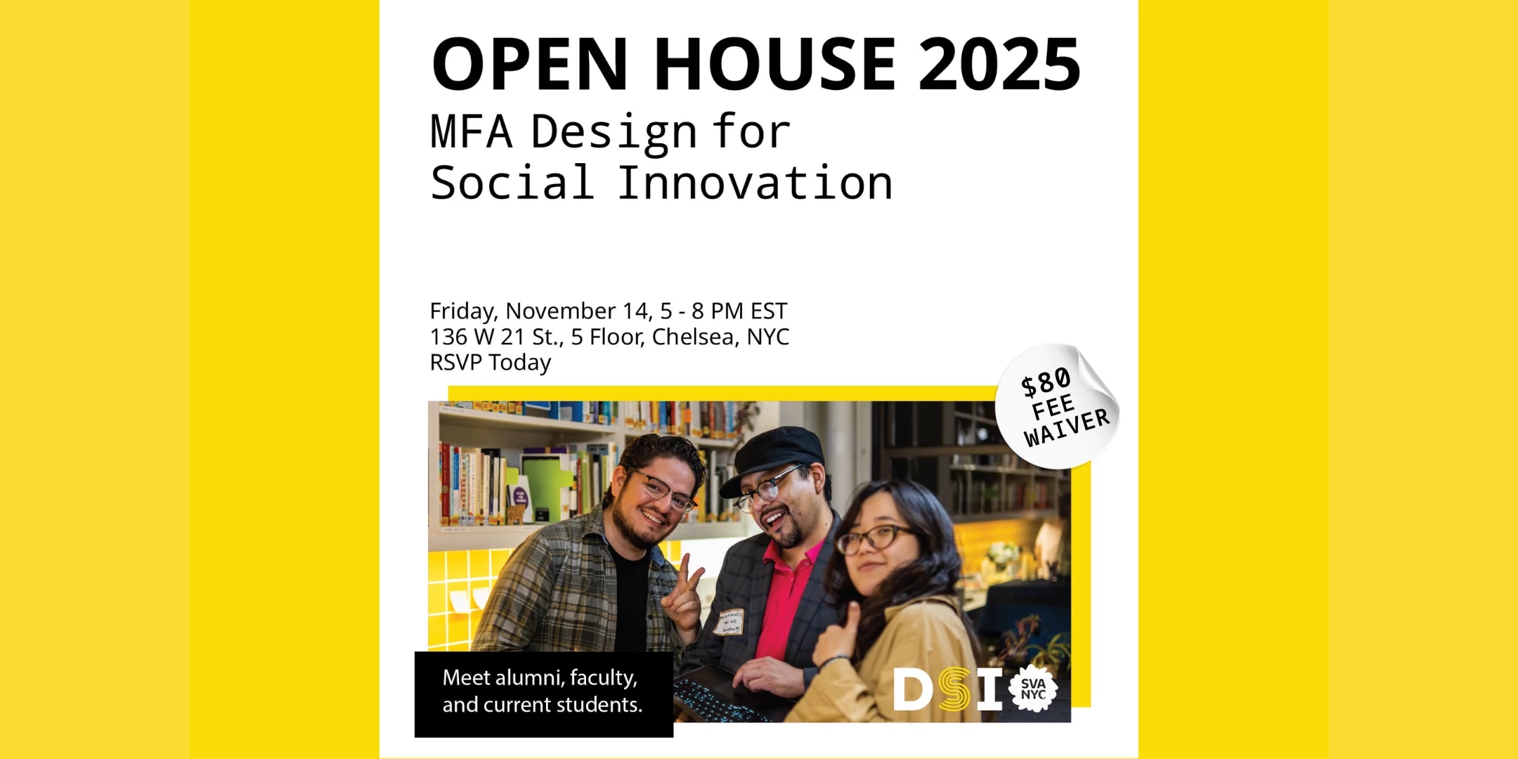 yellow background with 3 students smiling together