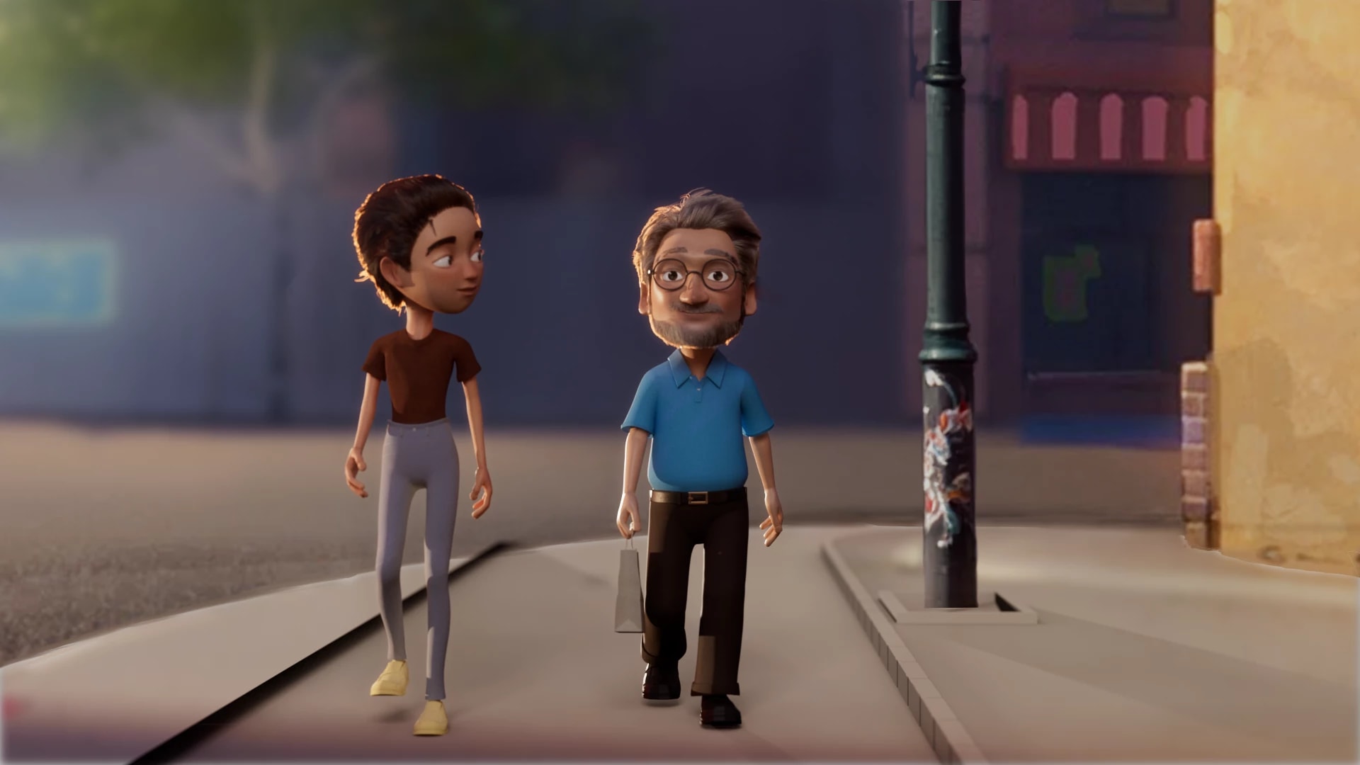 A still of a 3D film where a student is walking beside a professor