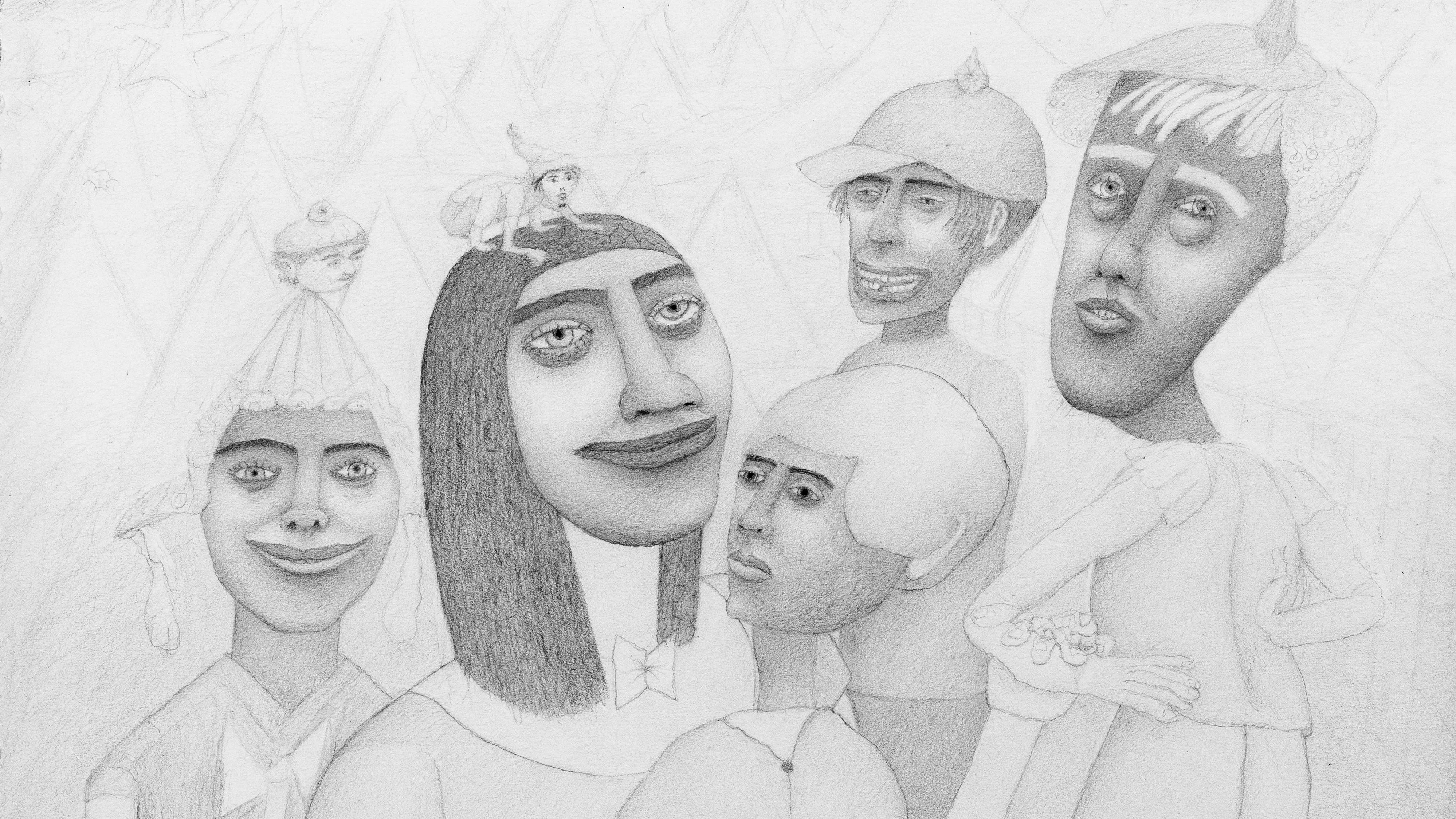 stylized black and white graphite drawing of 5 people grouped as a family wearing period costumes