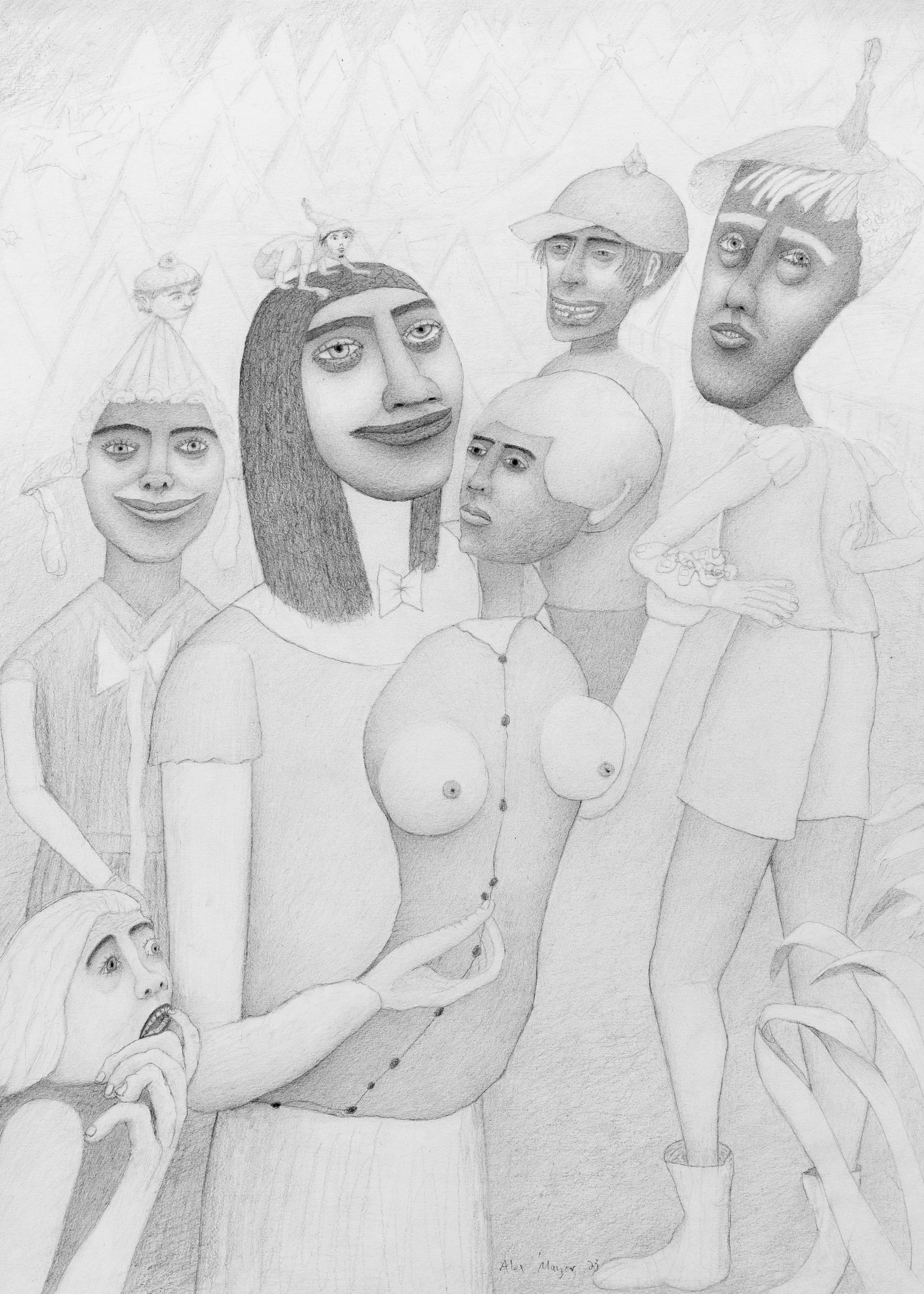 stylized black and white graphite drawing of 5 people grouped as a family wearing period costumes