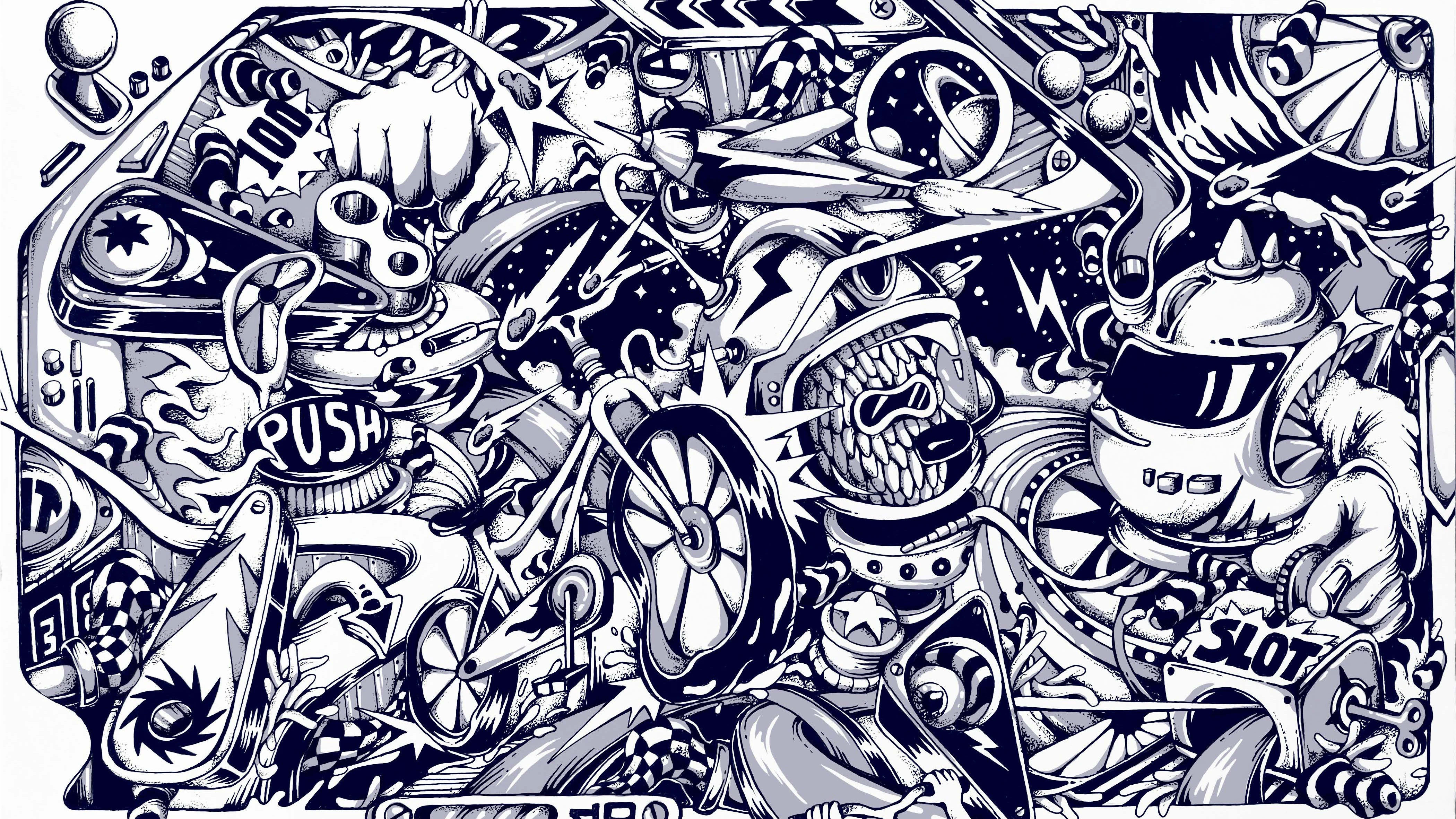 Elaborate black and white drawing crowded with space-aged gear including bikes, helmets and robots in front of a black starry sky