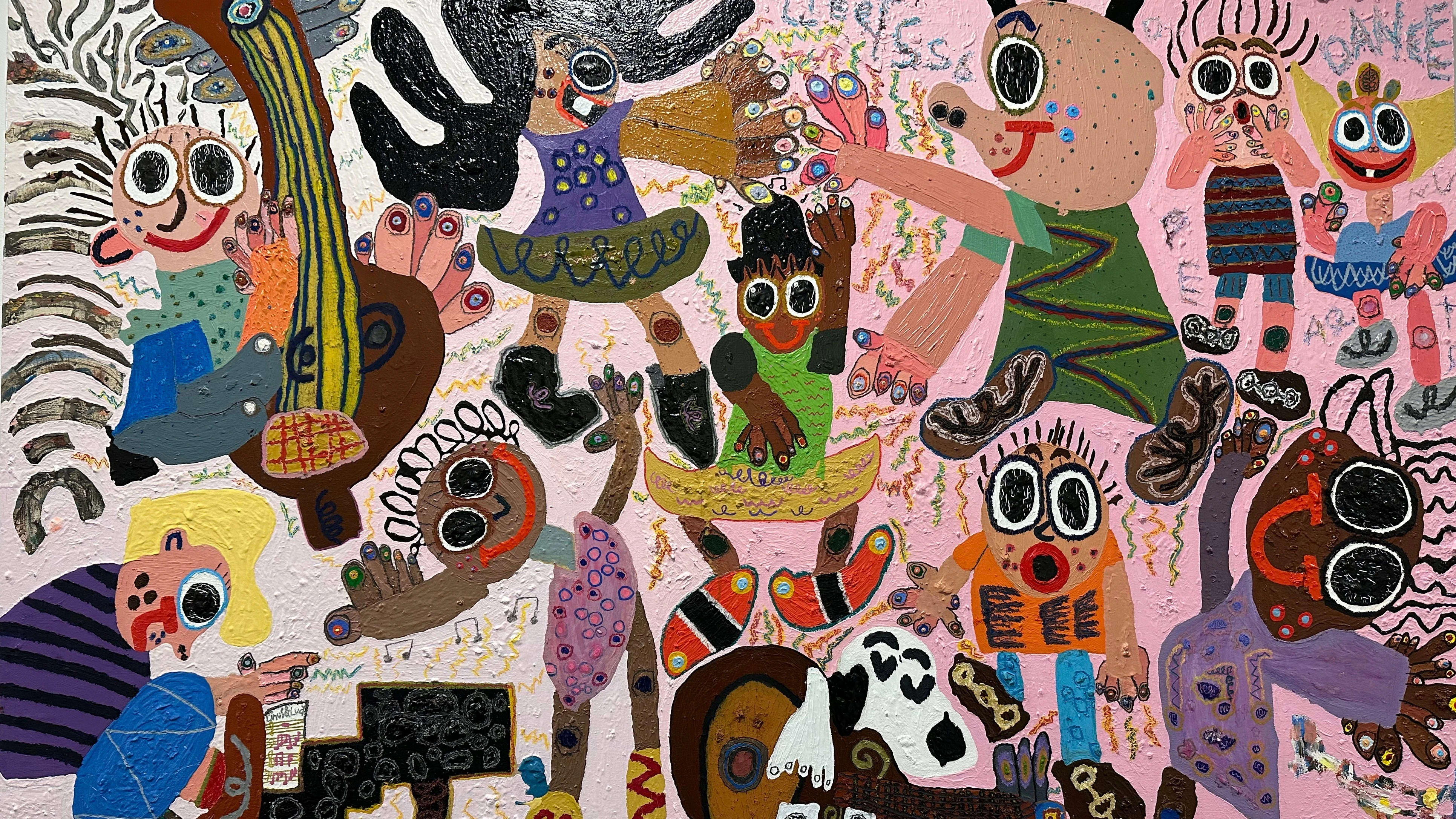 Heavily painted canvas showing children dancing and playing musical instruments with many vivid shapes and and colors
