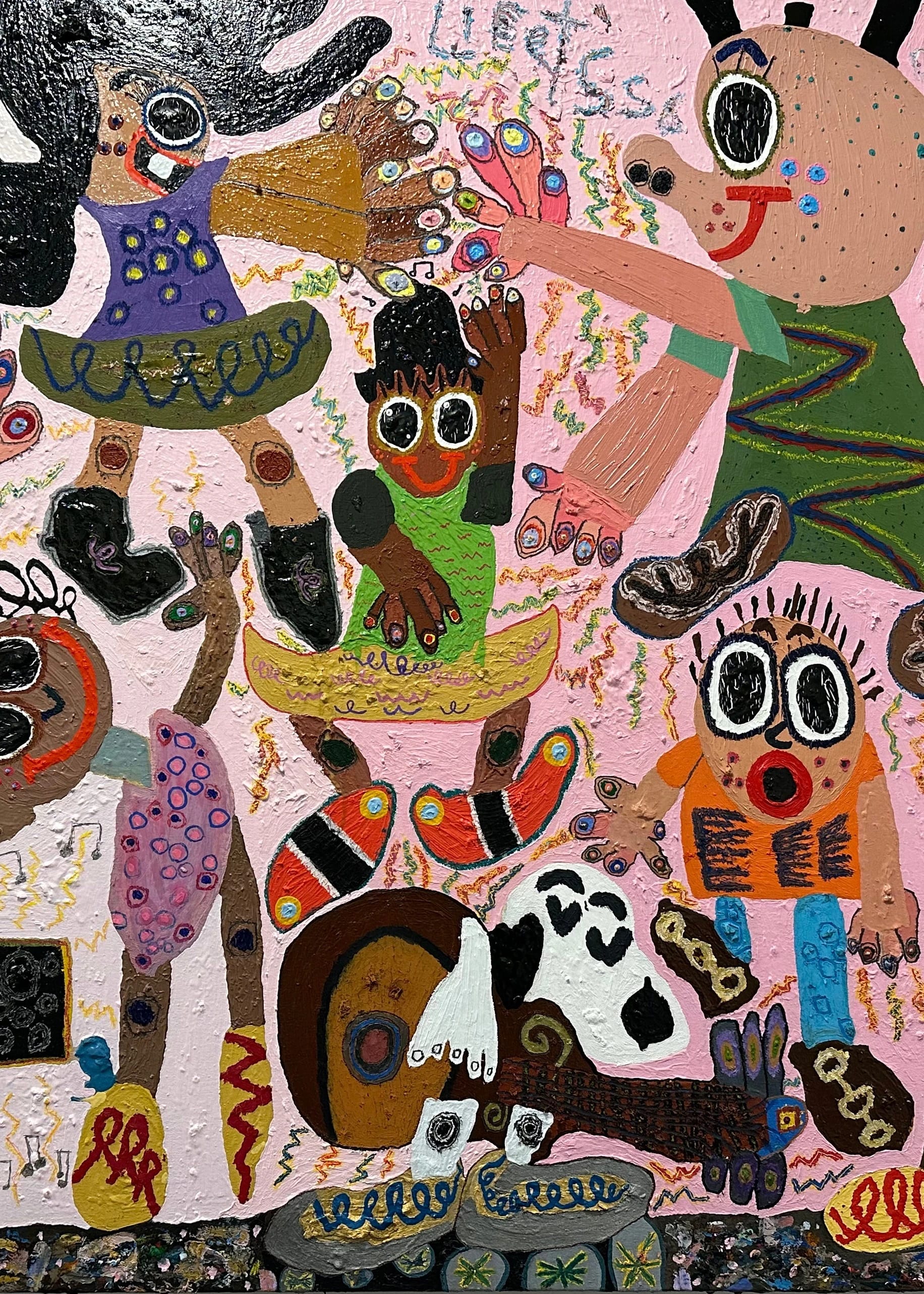 Heavily painted canvas showing children dancing and playing musical instruments with many vivid shapes and and colors