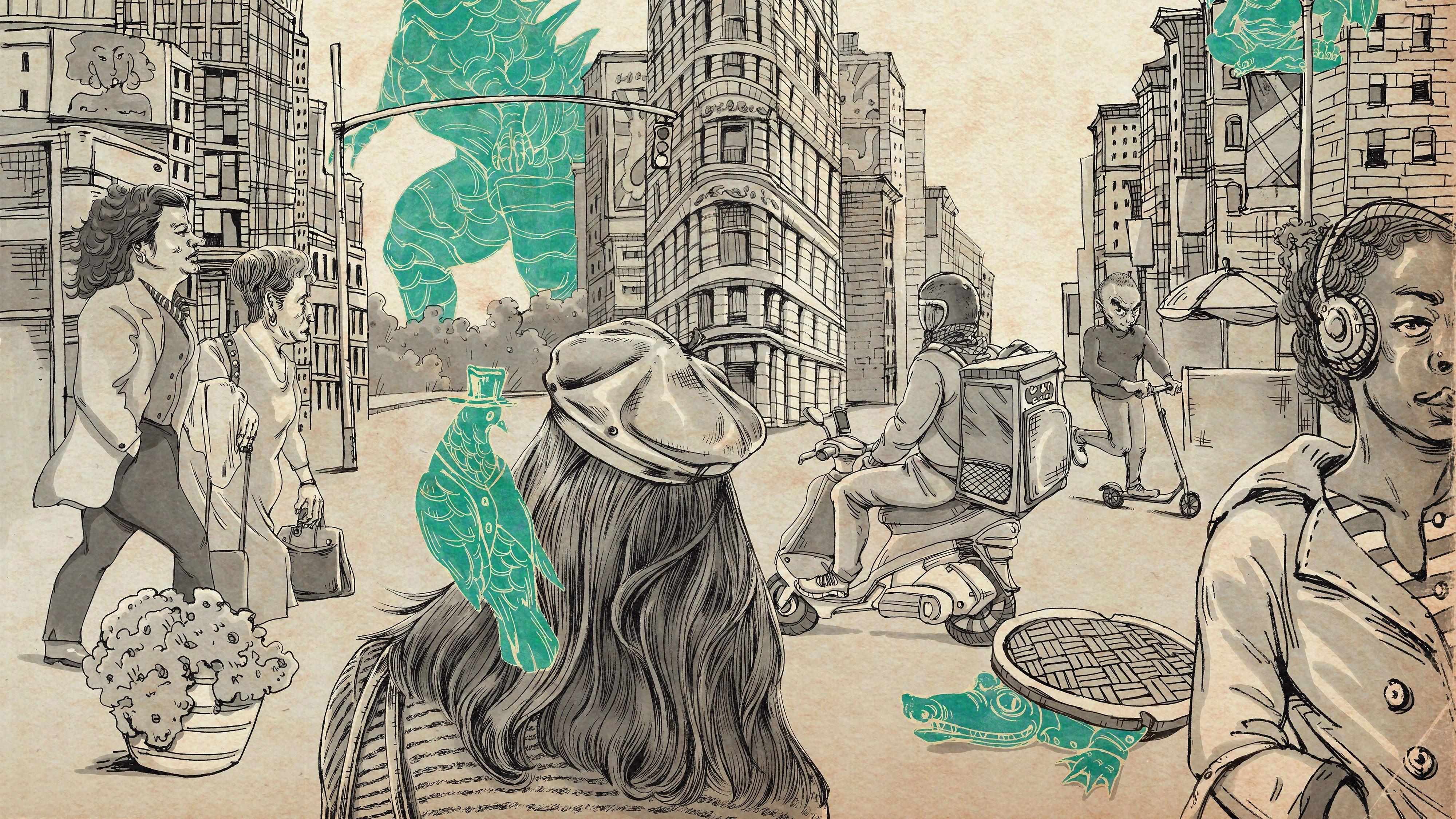 Black and white ink drawing on tan-colored paper of people (and a pigeon) walking and scootering across the streets in NYC