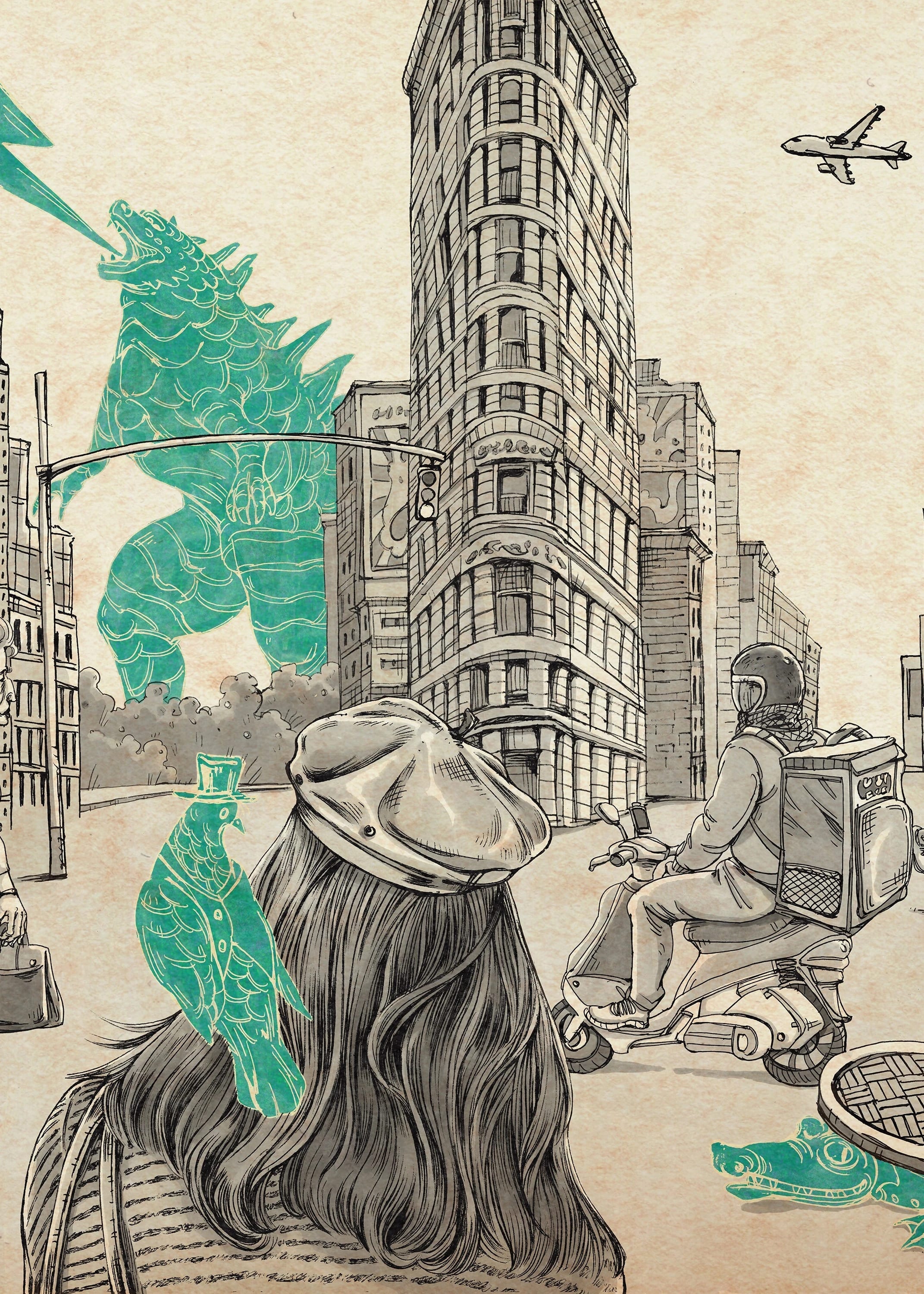 Black and white ink drawing on tan-colored paper of people (and a pigeon) walking and scootering across the streets in NYC