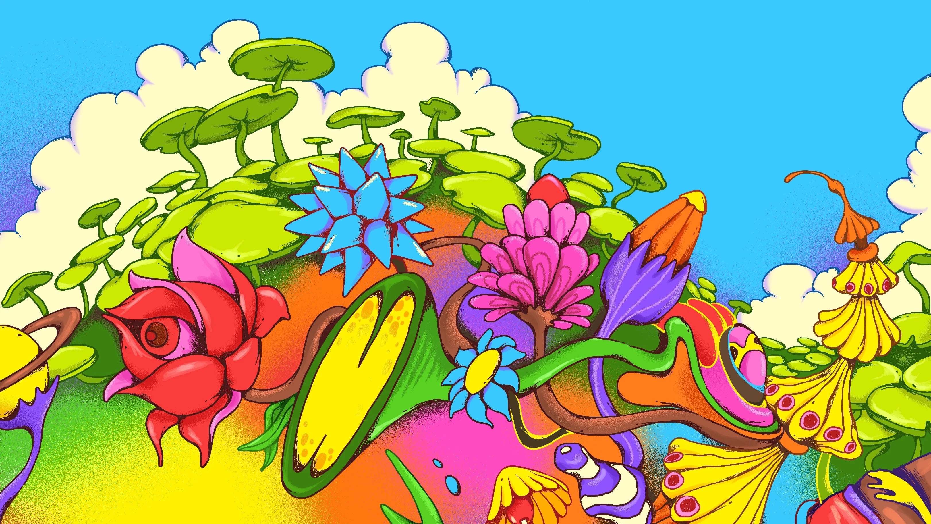 1960s psychedelic-style vivid painting featuring young female student surrounded by blooming flowers, bugs and mushrooms