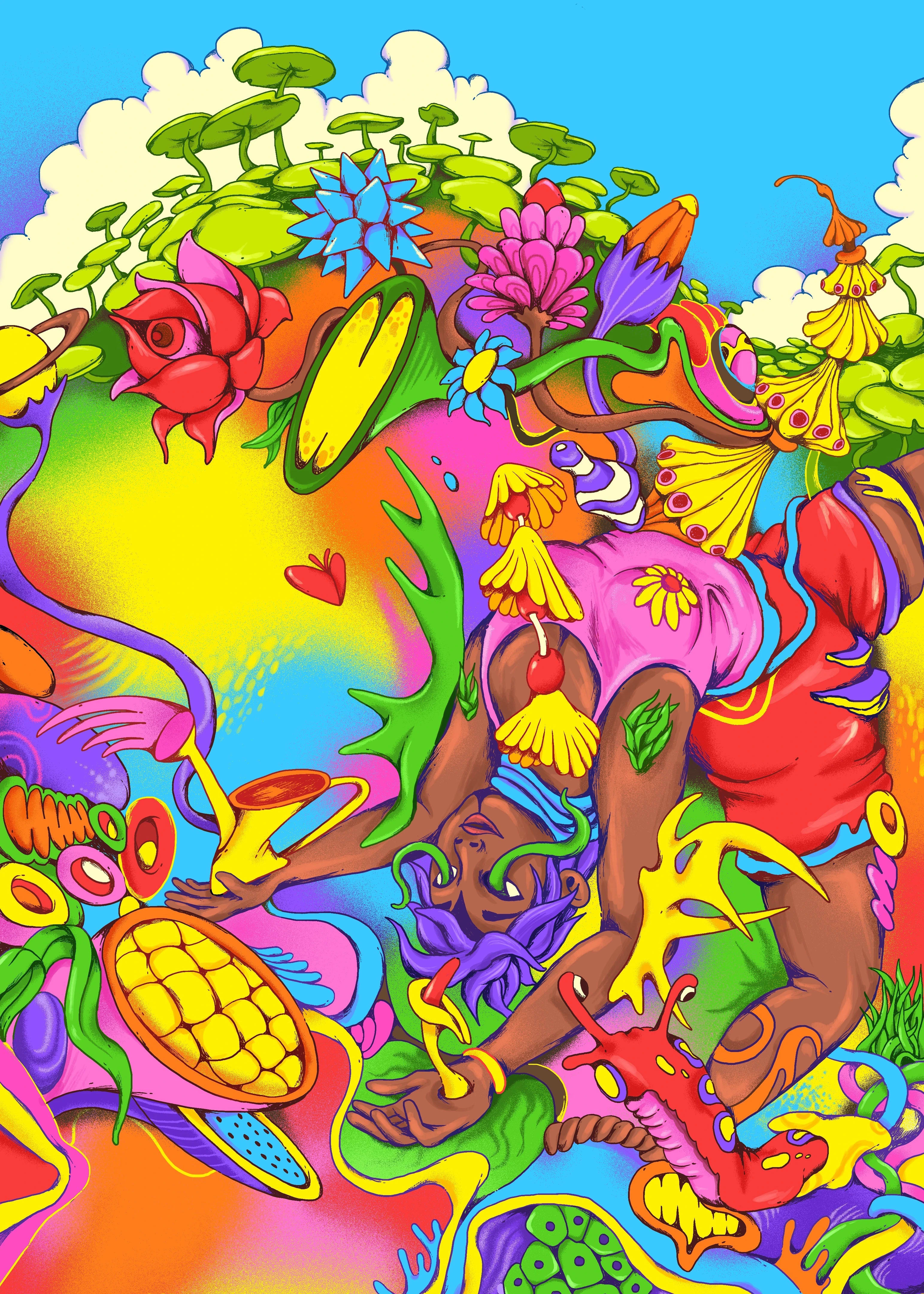 1960s psychedelic-style vivid painting featuring young female student surrounded by blooming flowers, bugs and mushrooms