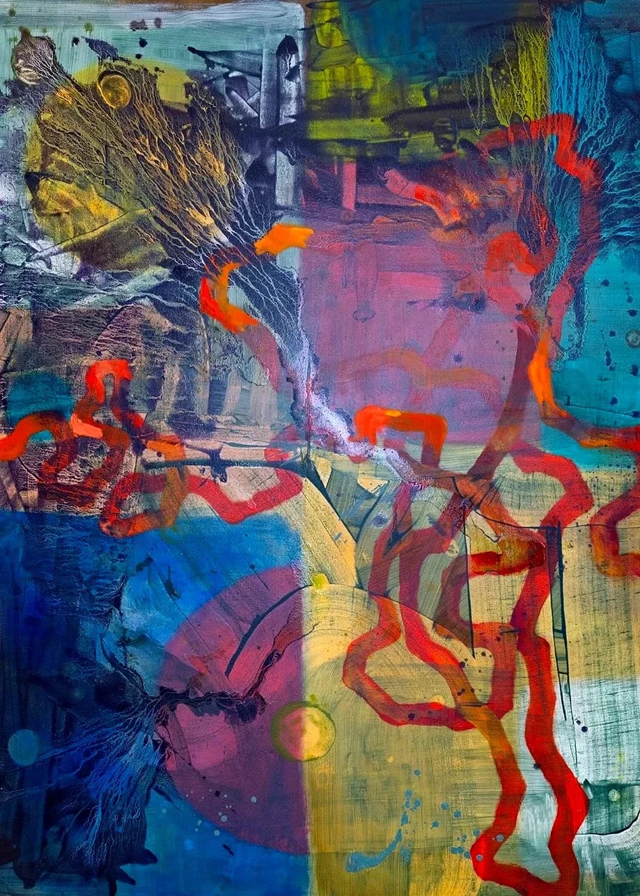 Close up detail of colorful abstract painting with vibrant orange yellow, blue and graphic black brush strokes