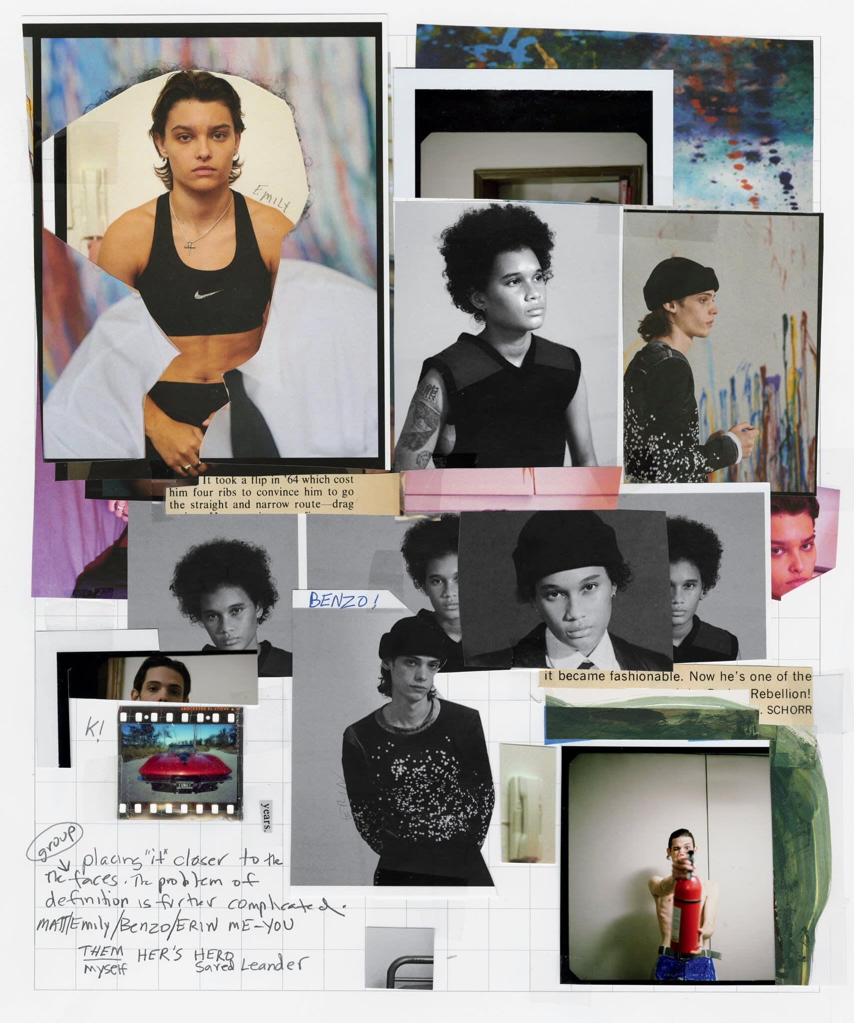 A collage of fashion photographs arranged with newspaper clippings and notes, giving the look of a scrapbook page.