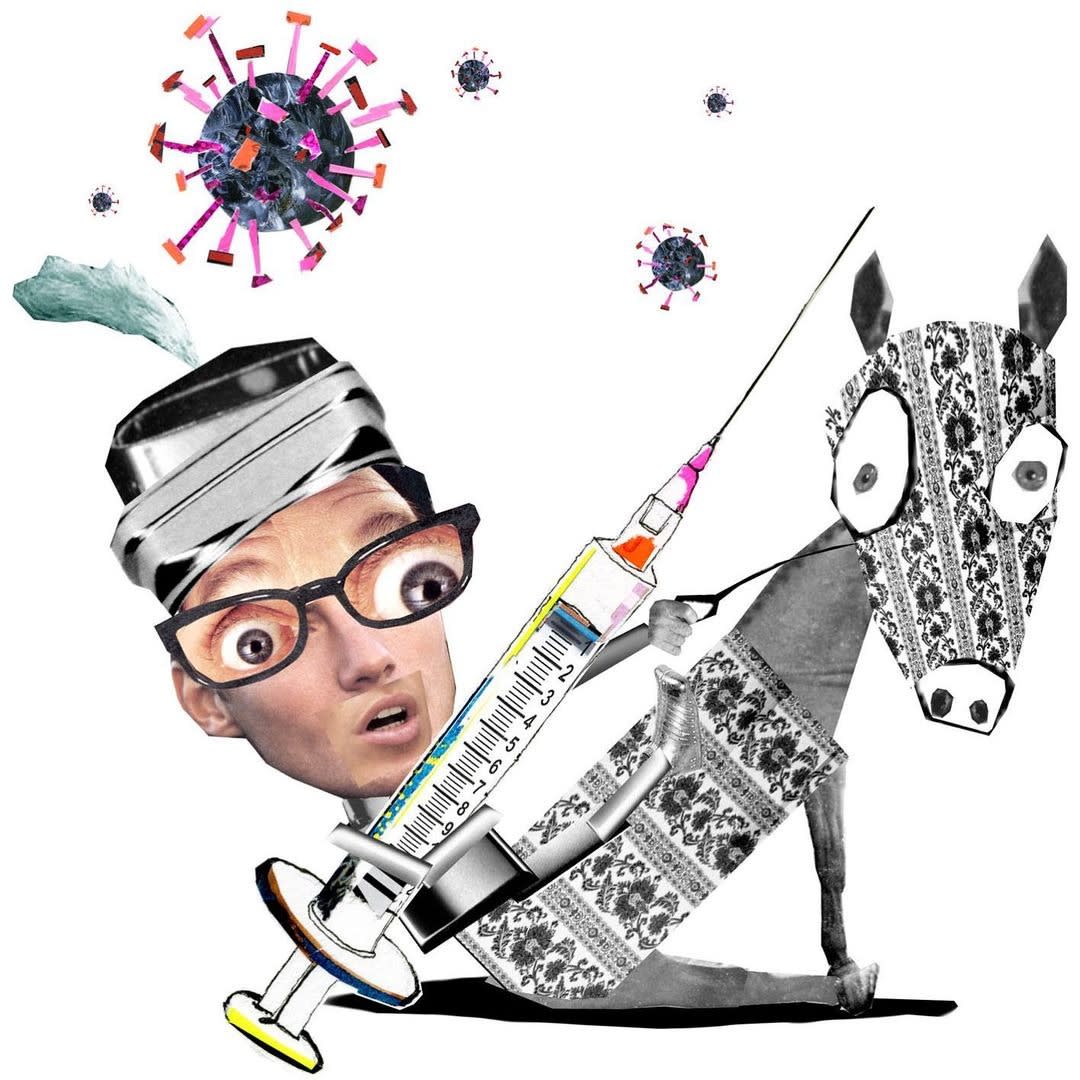 Collage illustration of a person holding a large syringe like a lance on horseback. In the sky in the distance are COVID-19 viruses floating like stars.