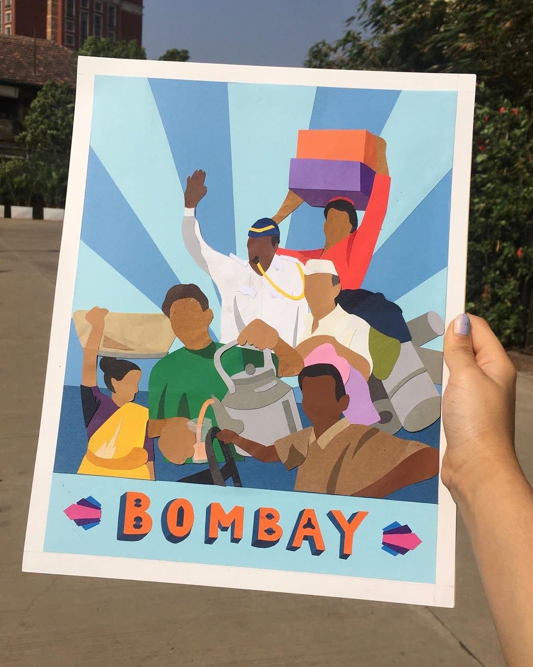 A travel poster by Vasavi Bubna for Bombay, India, featuring six faceless people made out of colorful paper doing various activities