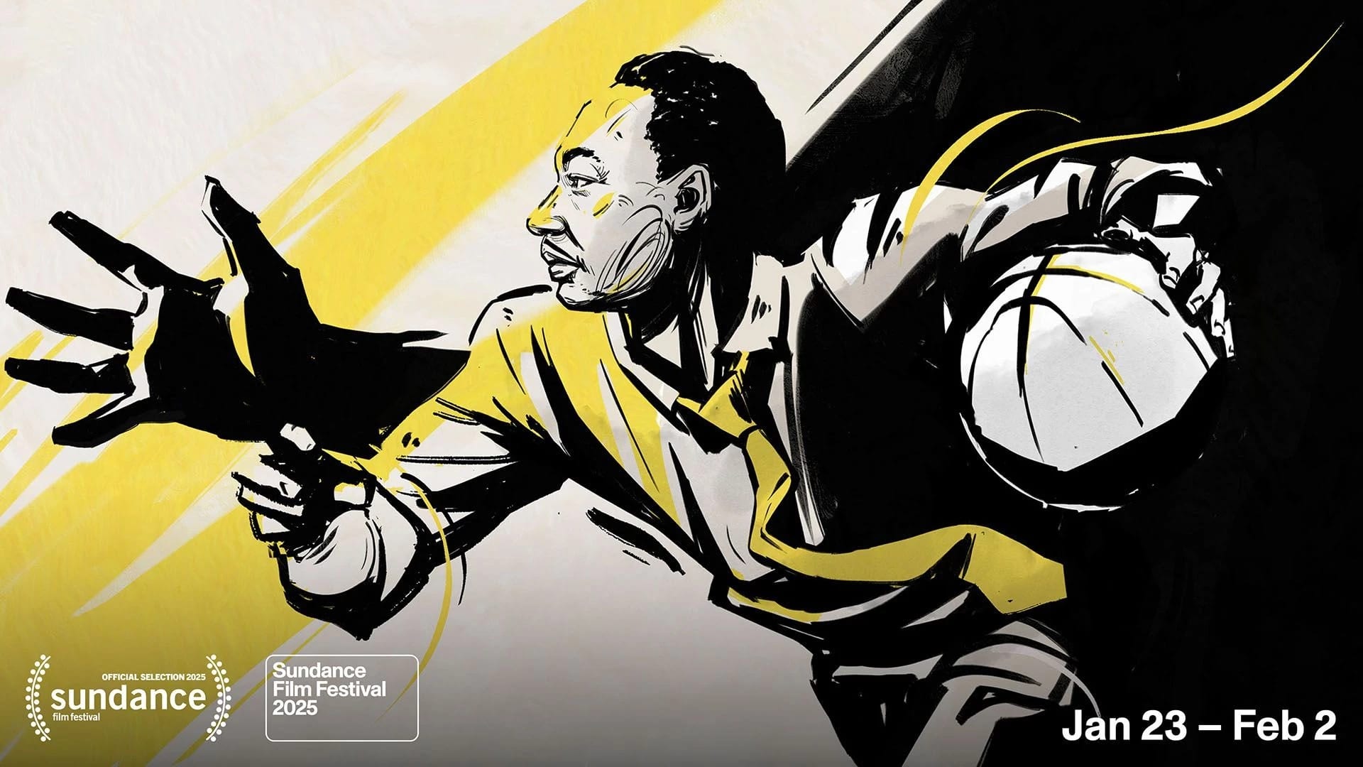 an illustration of MLK running with a basketball in his left hand in white, black and yellow colors