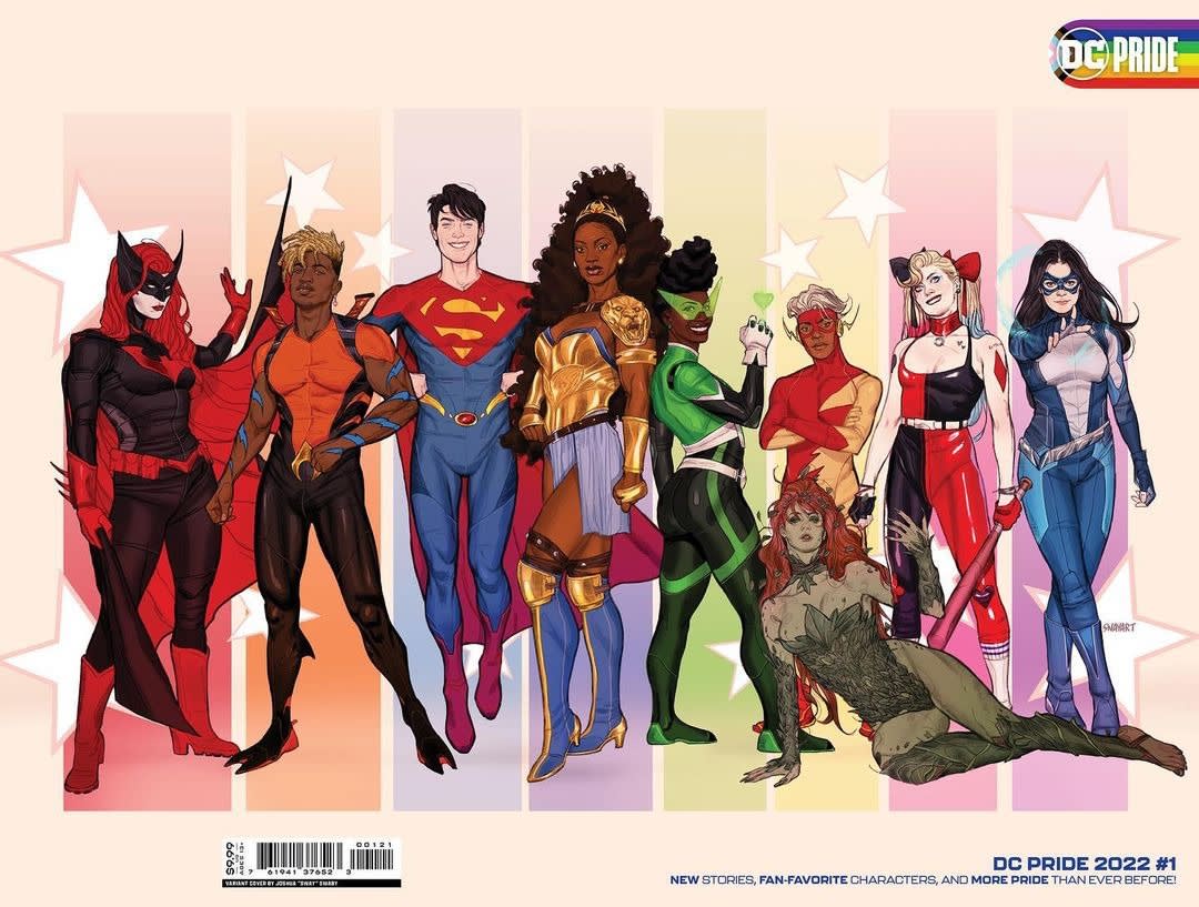 A, illustrated lineup of super heros standing in front of a rainbow color gradient.