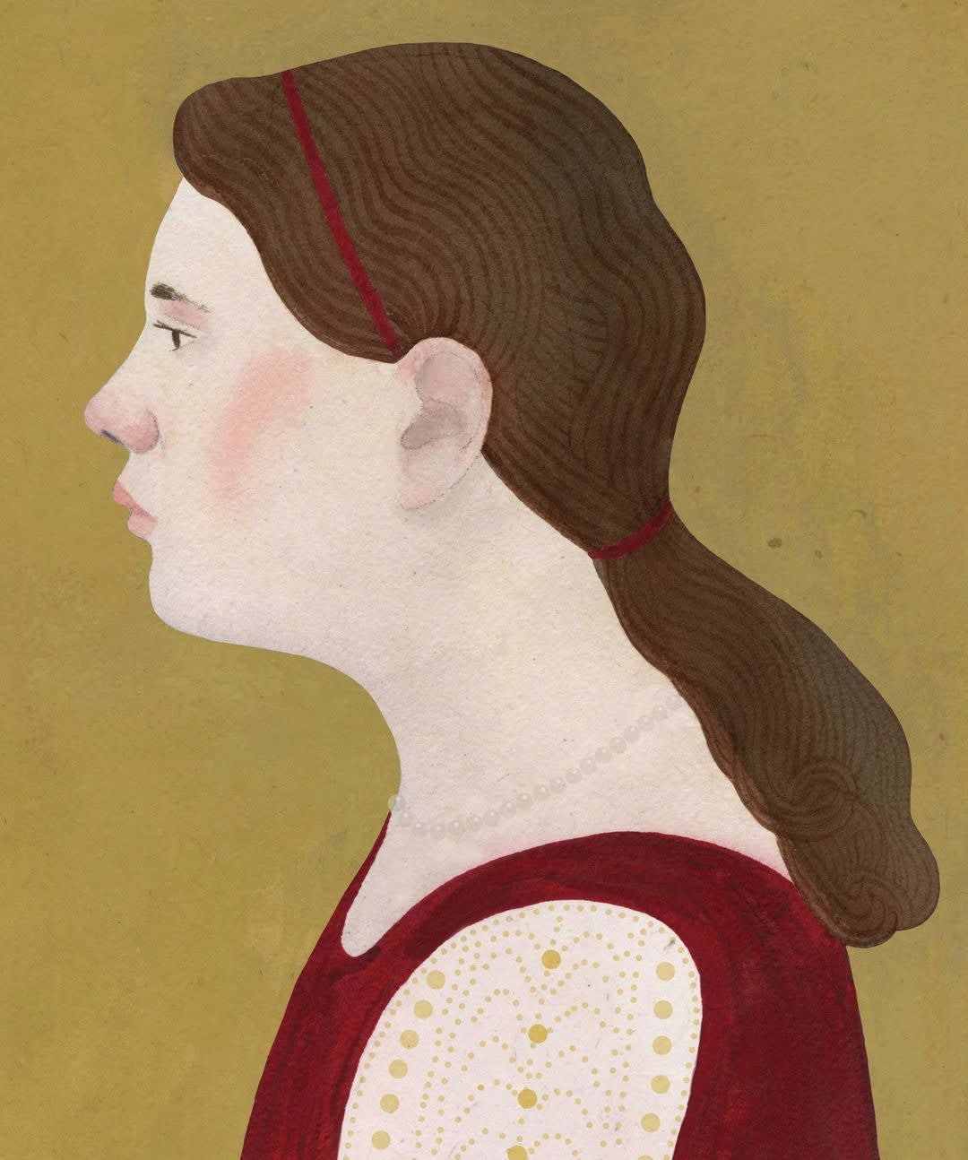 a profile portrait of a young girl in a red top with pearls and brown hair pulled back into a ponytail. 