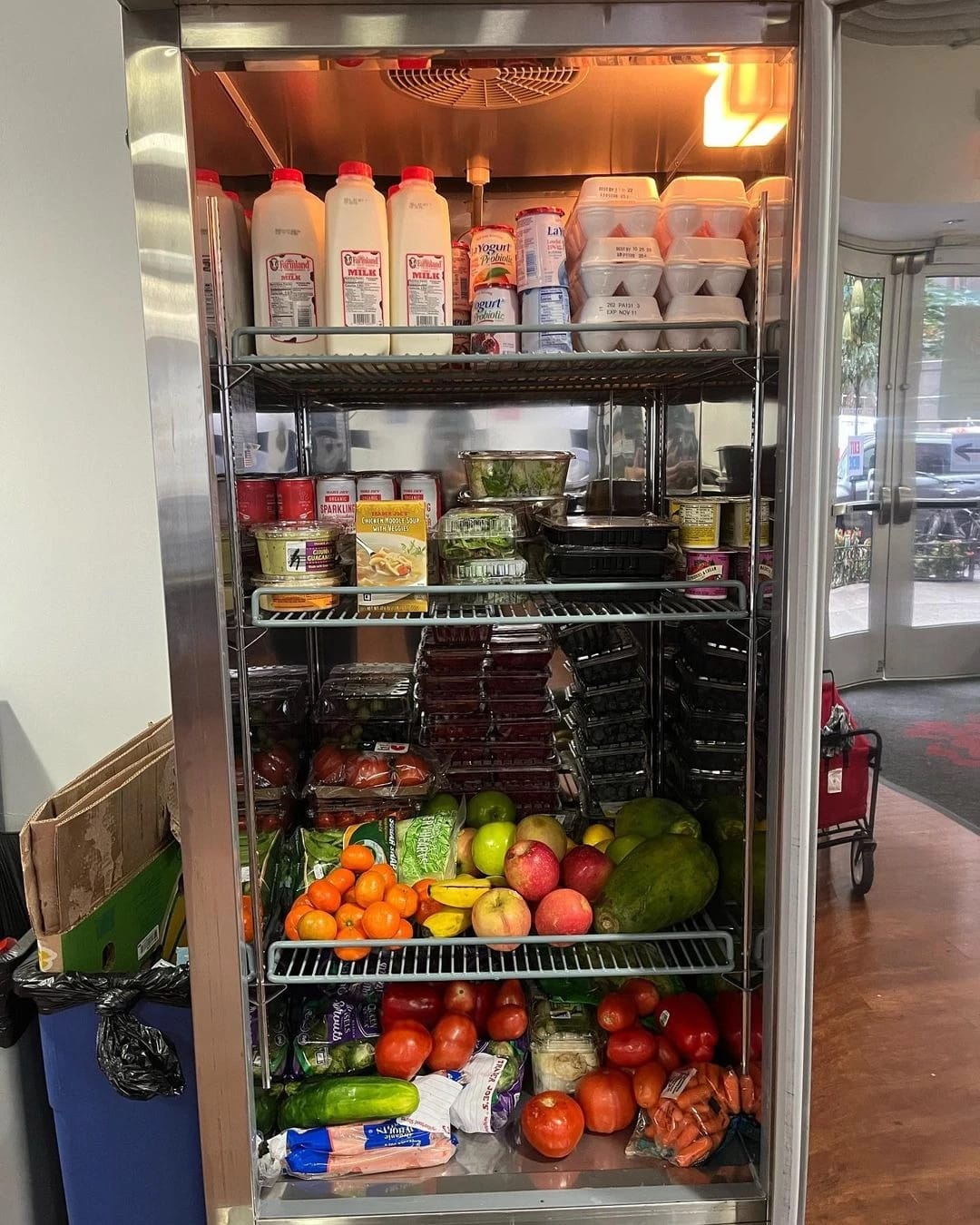 A metal fridge filled with food like eggs, milk, vegetables and more.