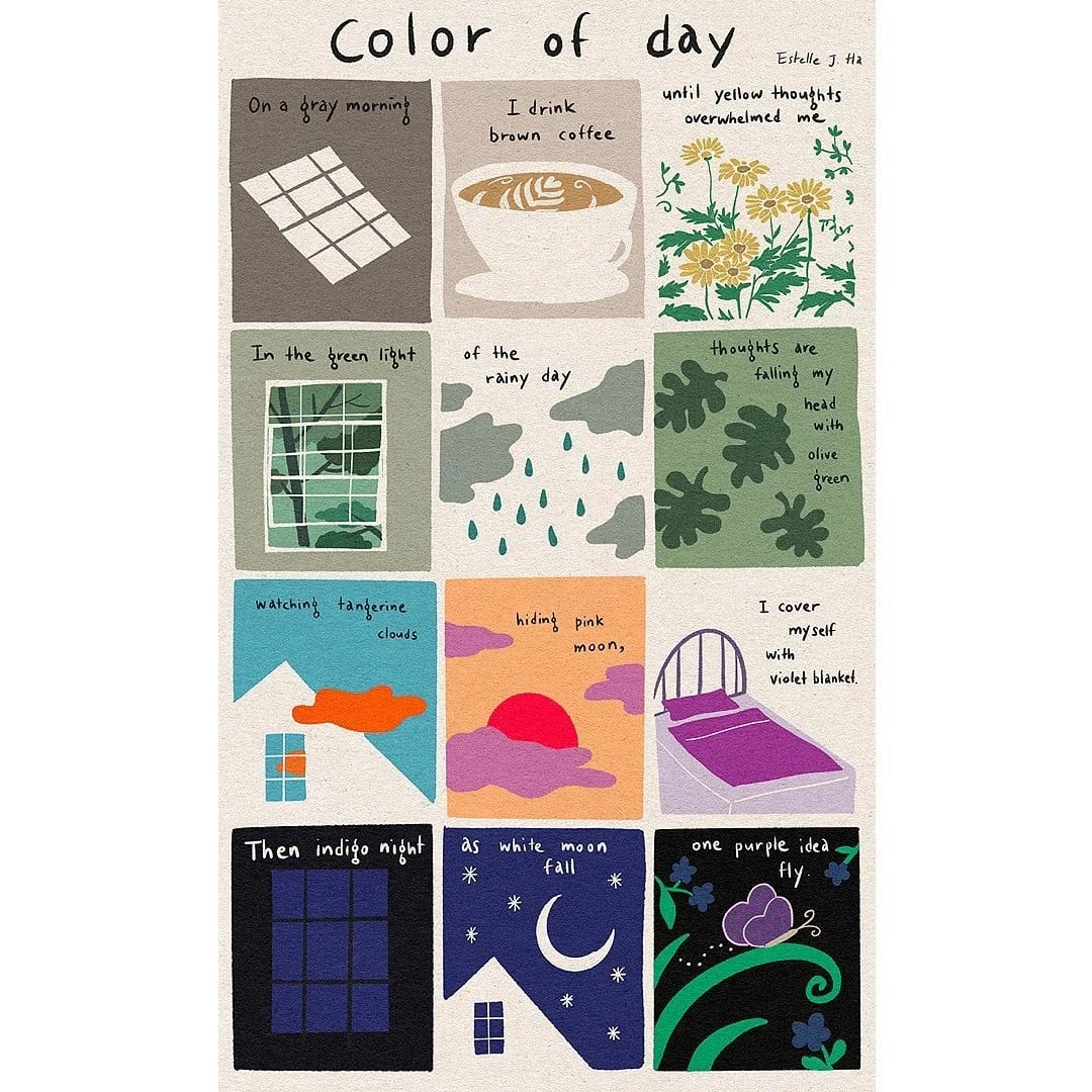 A digital drawing featuring 12 illustrations from everyday life, each themed a different color 