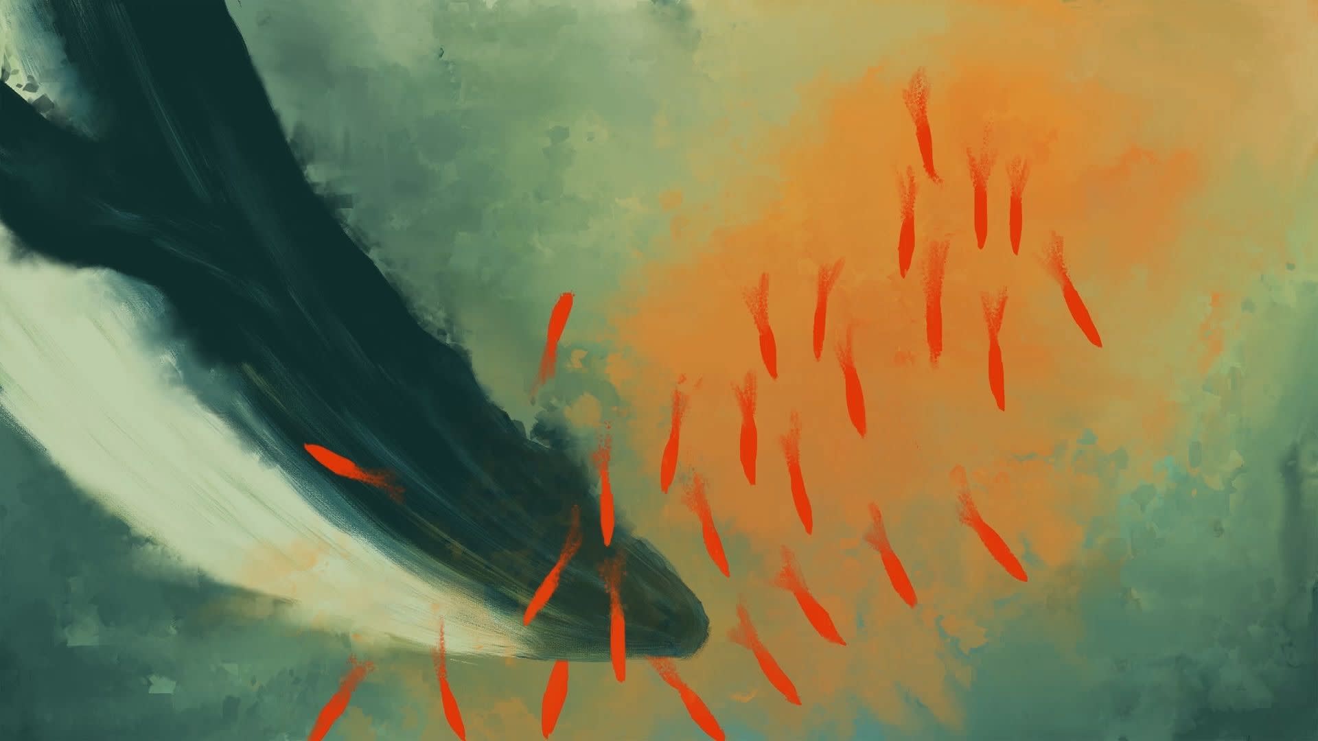 An illustration of a whale swimming among a school of small red fish. There is an orange glow in the background.