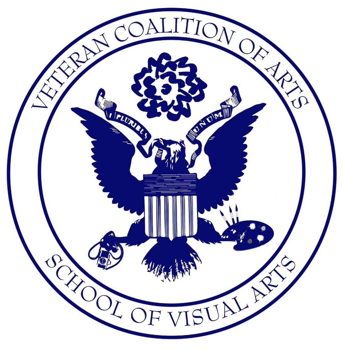 A logo incorporating an eagle, which is clutching in its talons a camera and an artist's palette, and the SVA logo.