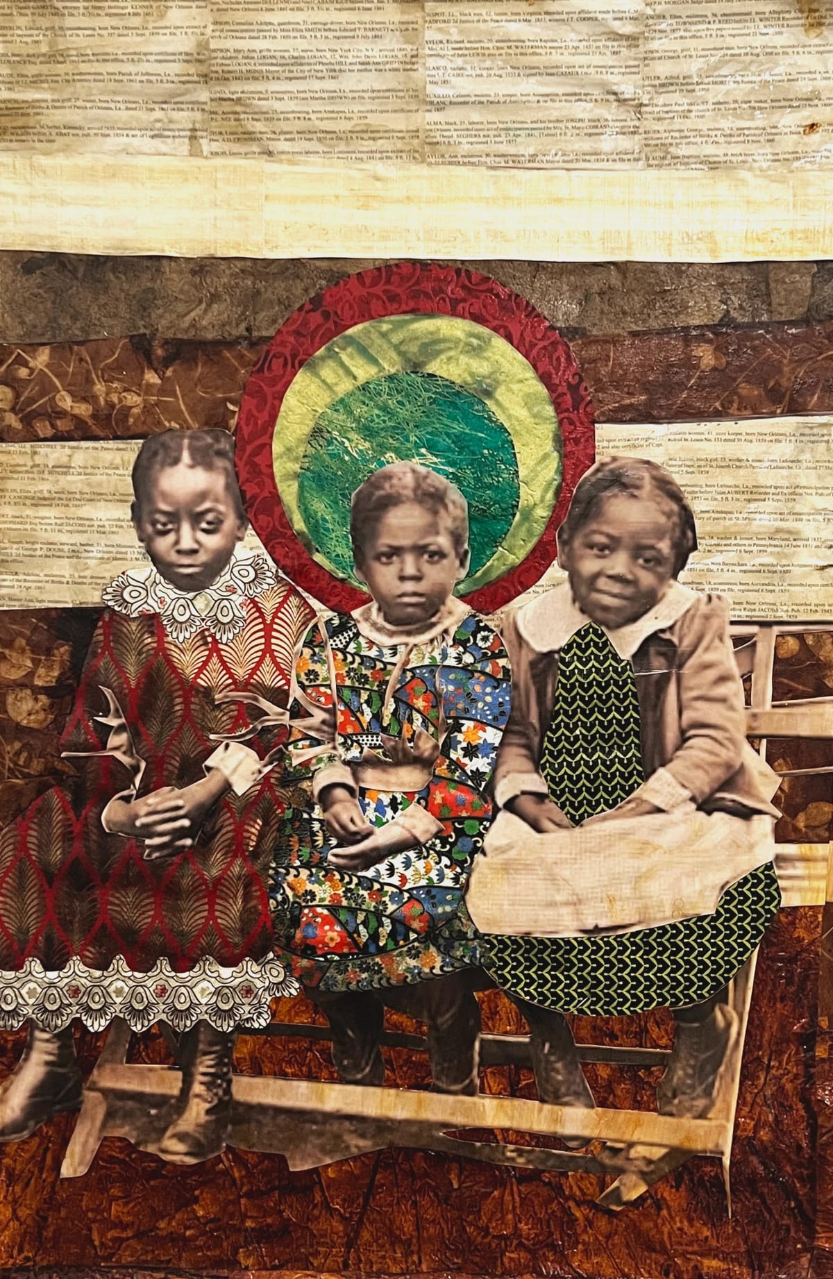 A collage of three young girls in dresses against a background of various fabrics 