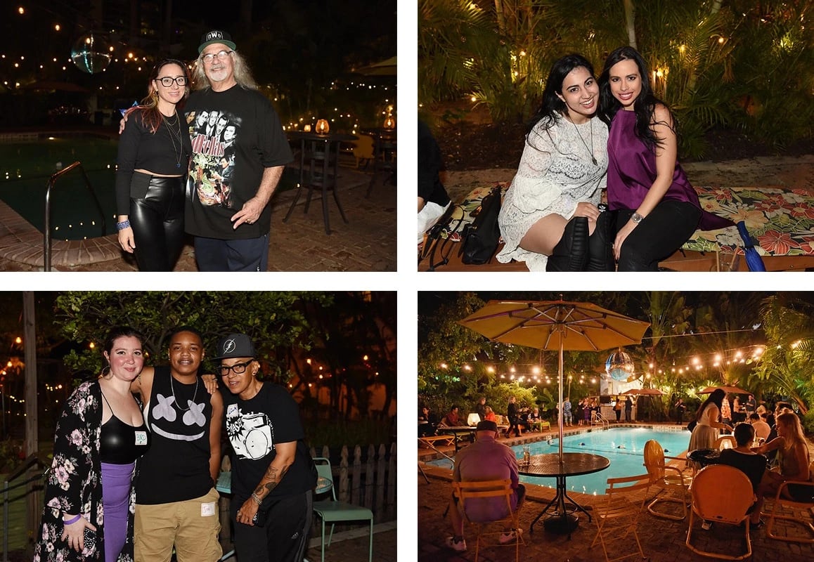 A 4 x 4 grid of photos. Clockwise: a couple stands in front of a pool. A couple of young women sit in front of greenery. A pool is surrounded by various groups of people. A group of three people pose for a photo.