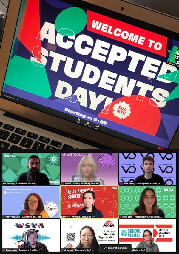 Two images stacked. The one on top is a photo of a laptop showing a screen that reads "Welcome to Accepted Students Day" with colorful shapes around it; the bottom is a screenshot of a Zoom meeting with SVA club representatives