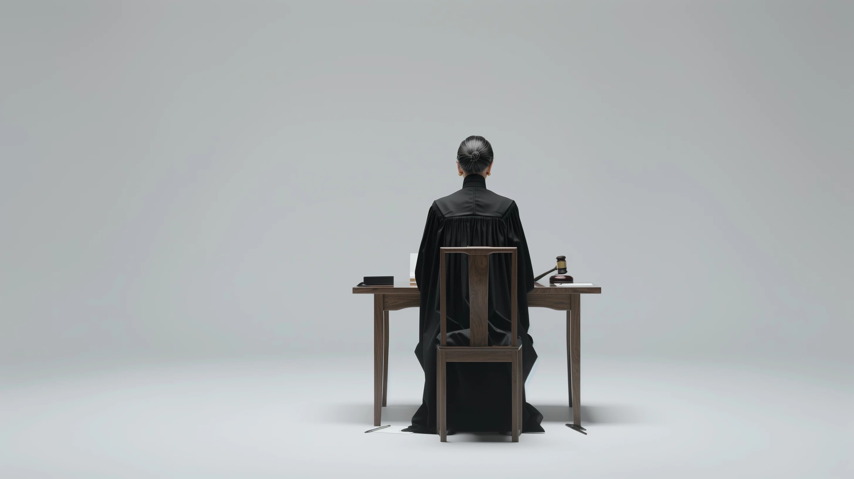 an AI generated woman in judge garb sits alone in a white room with her back facing the viewer 