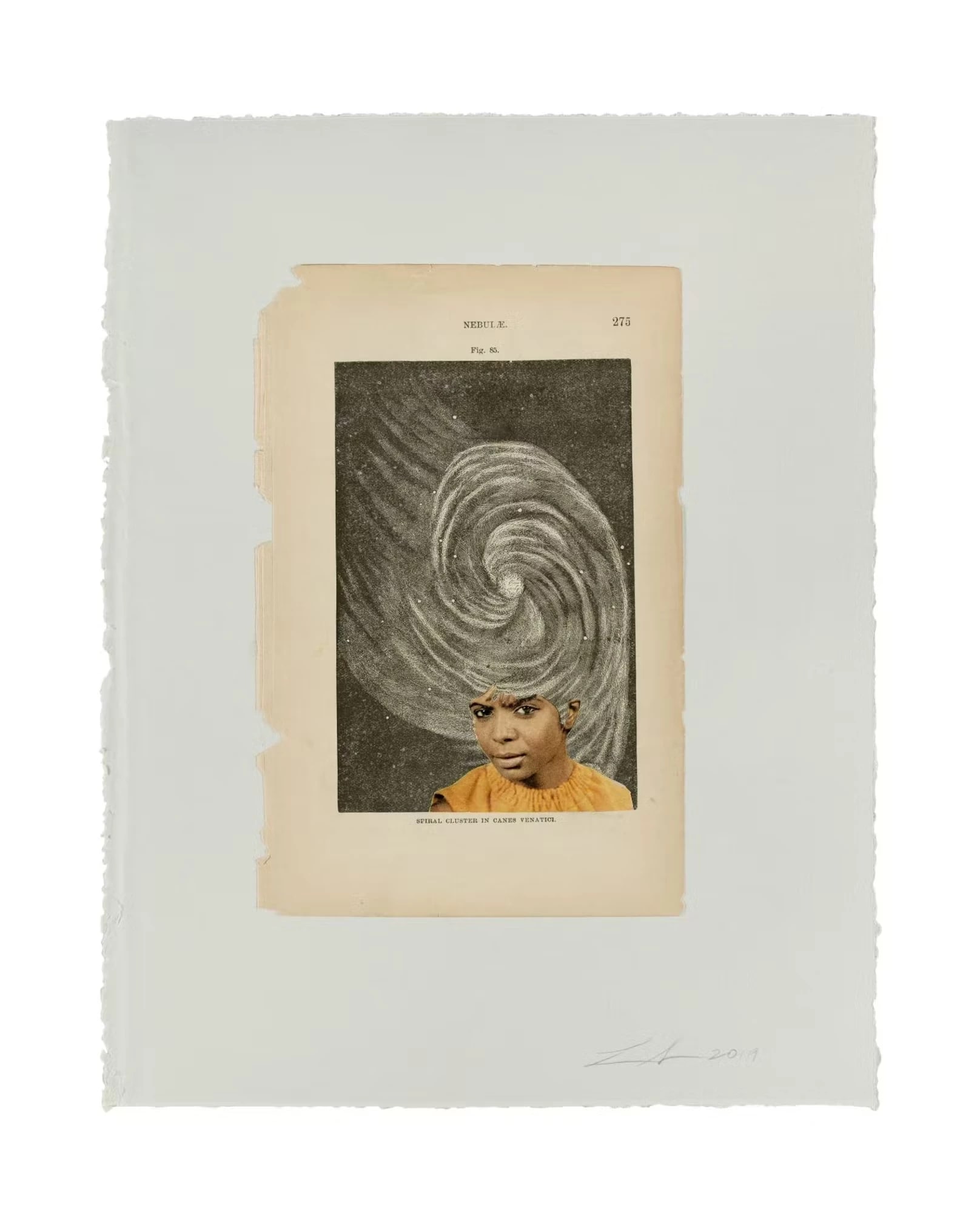 A piece of white paper with a torn-out book page on top of it with a collaged photo of a woman and black and white swirl