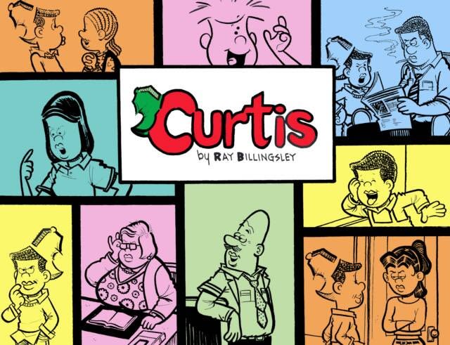 An image with color blocks featuring different characters from Ray Billingsley's comic strip "Curtis." In the middle is a block that reads "Curtis" by Ray Billingsley.