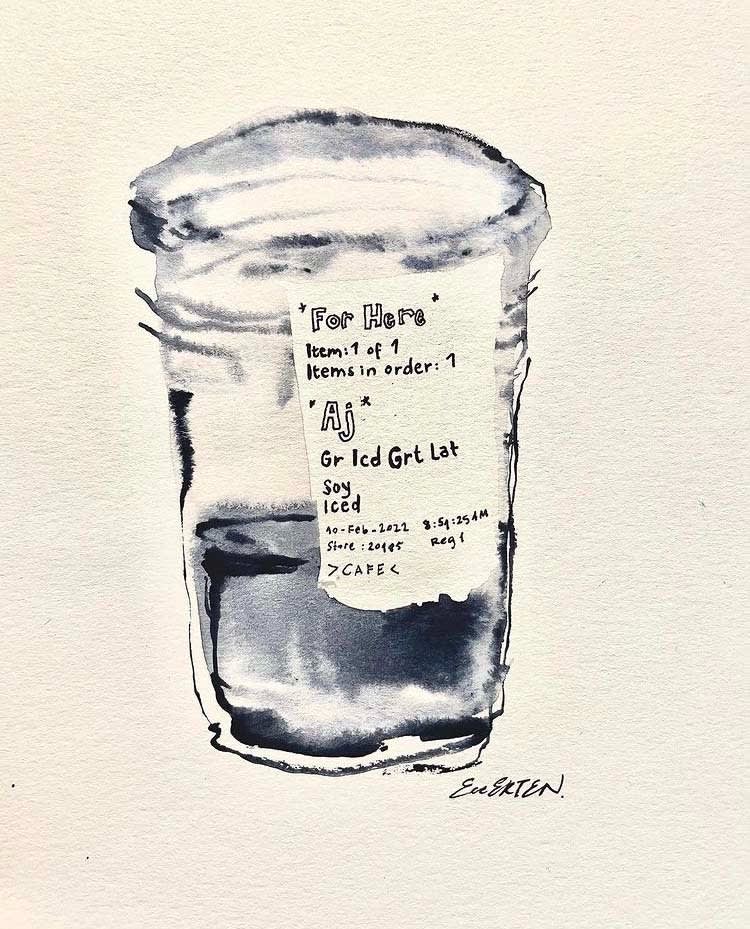 An ink illustration of a half-empty plastic coffee cup.