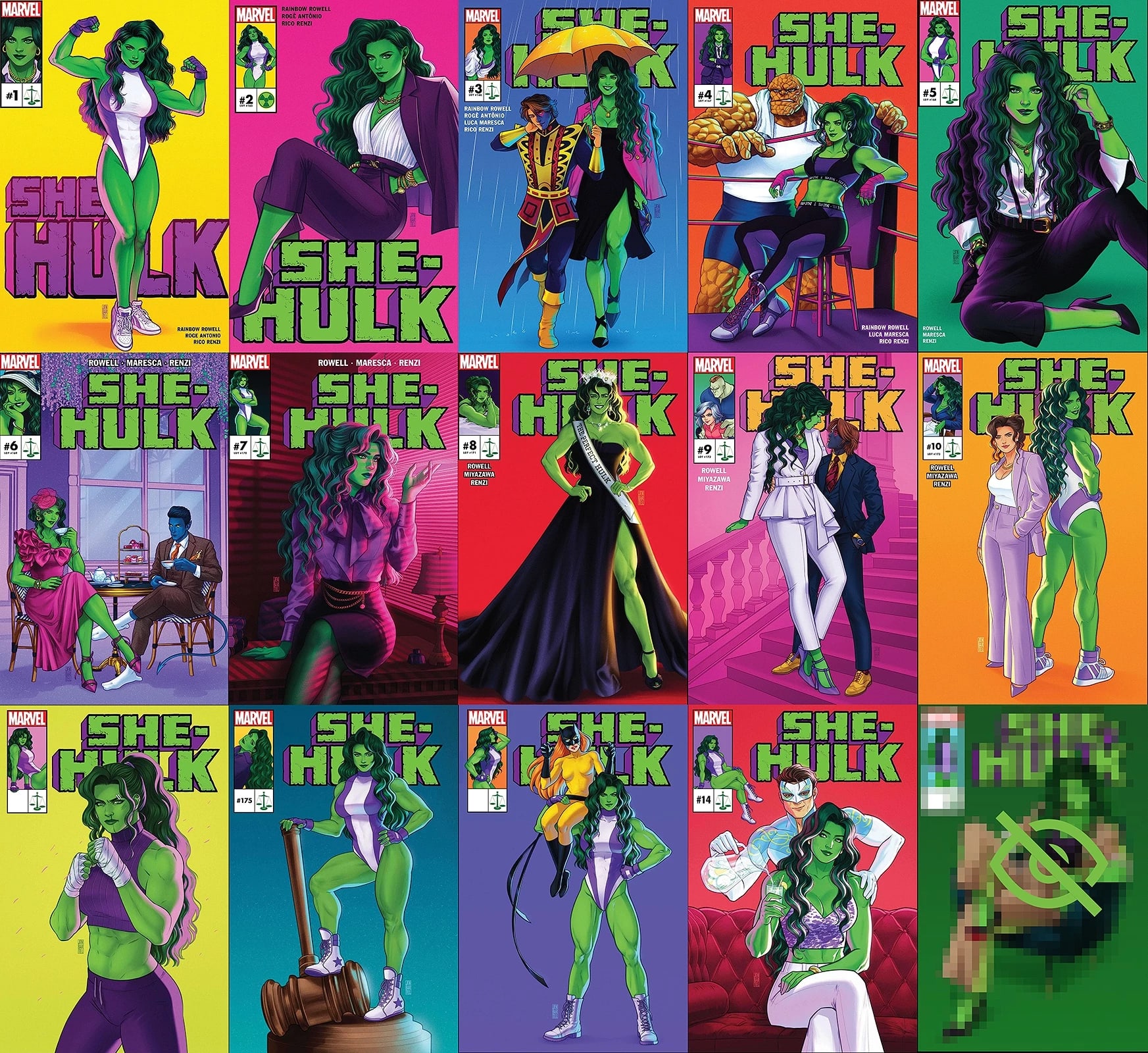 A five by three grid of various, colorful She-Hulk comic covers. Each one depicts the green She-Hulk with long, dark green hair in various strong poses.