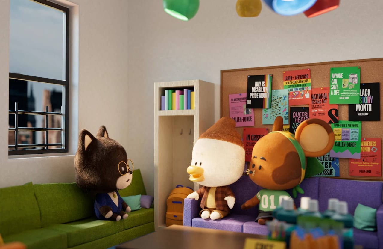 a computer animated scene of animals sitting on a couch