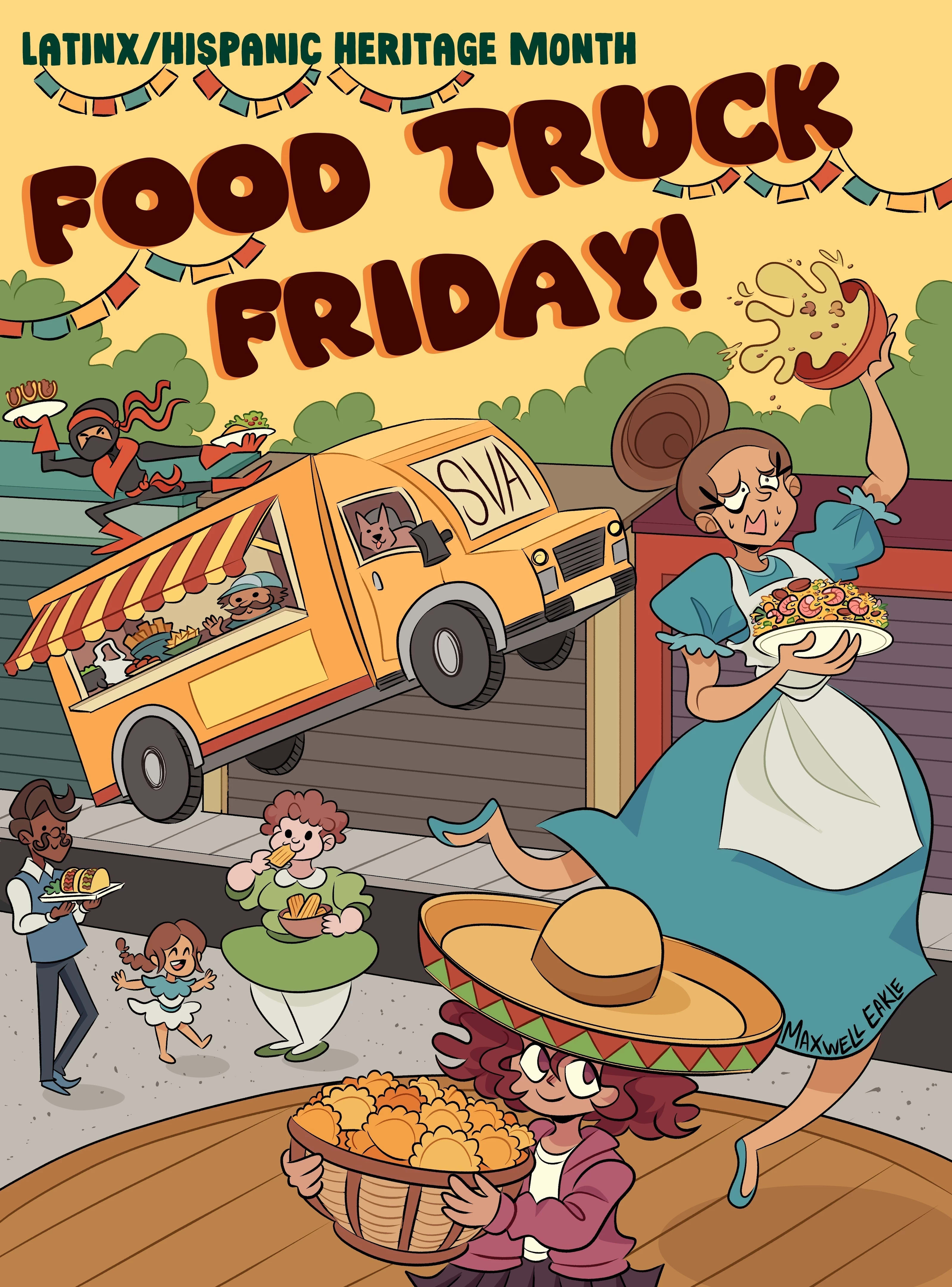 An illustration of people enjoying food around a food truck