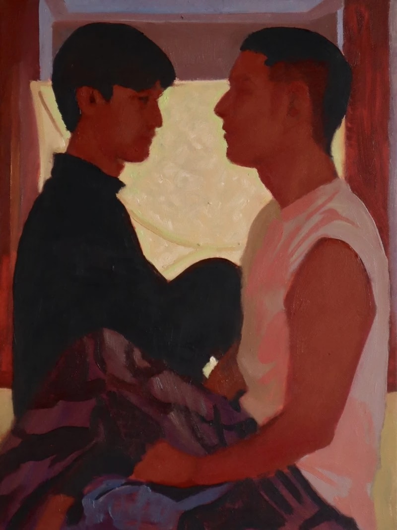 a painting of two figures facing each other in warm hues, one figure is wearing a dark turtleneck and the other is wearing a white shirt