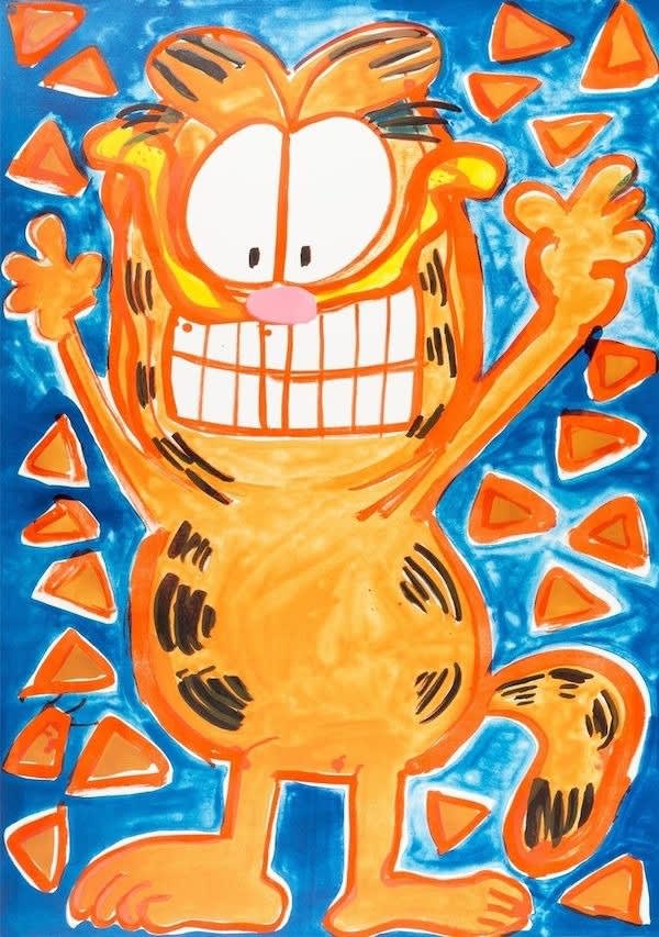 painting of Garfield the cat smiling with his arms up around his head on a blue background with orange triangles around him