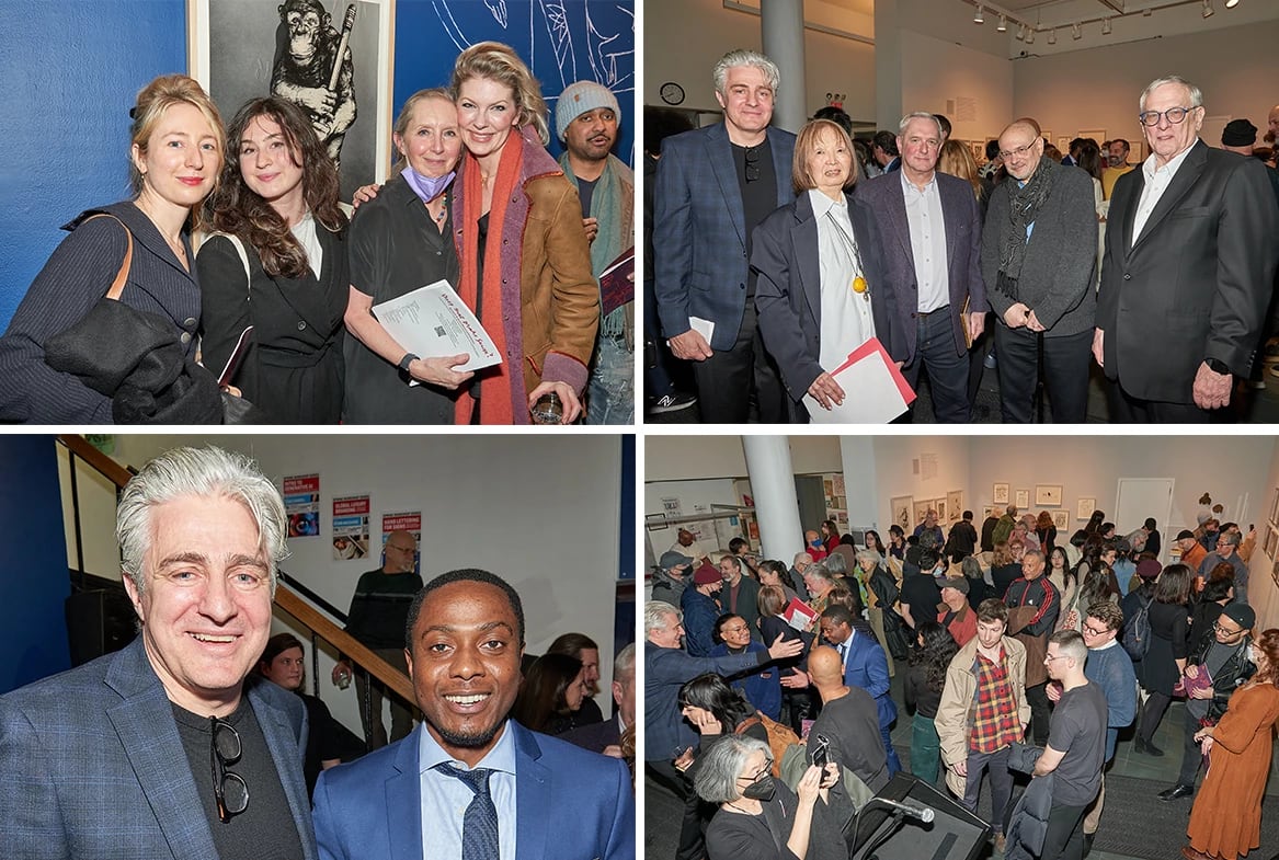 a grid of four photos from an art exhibition reception